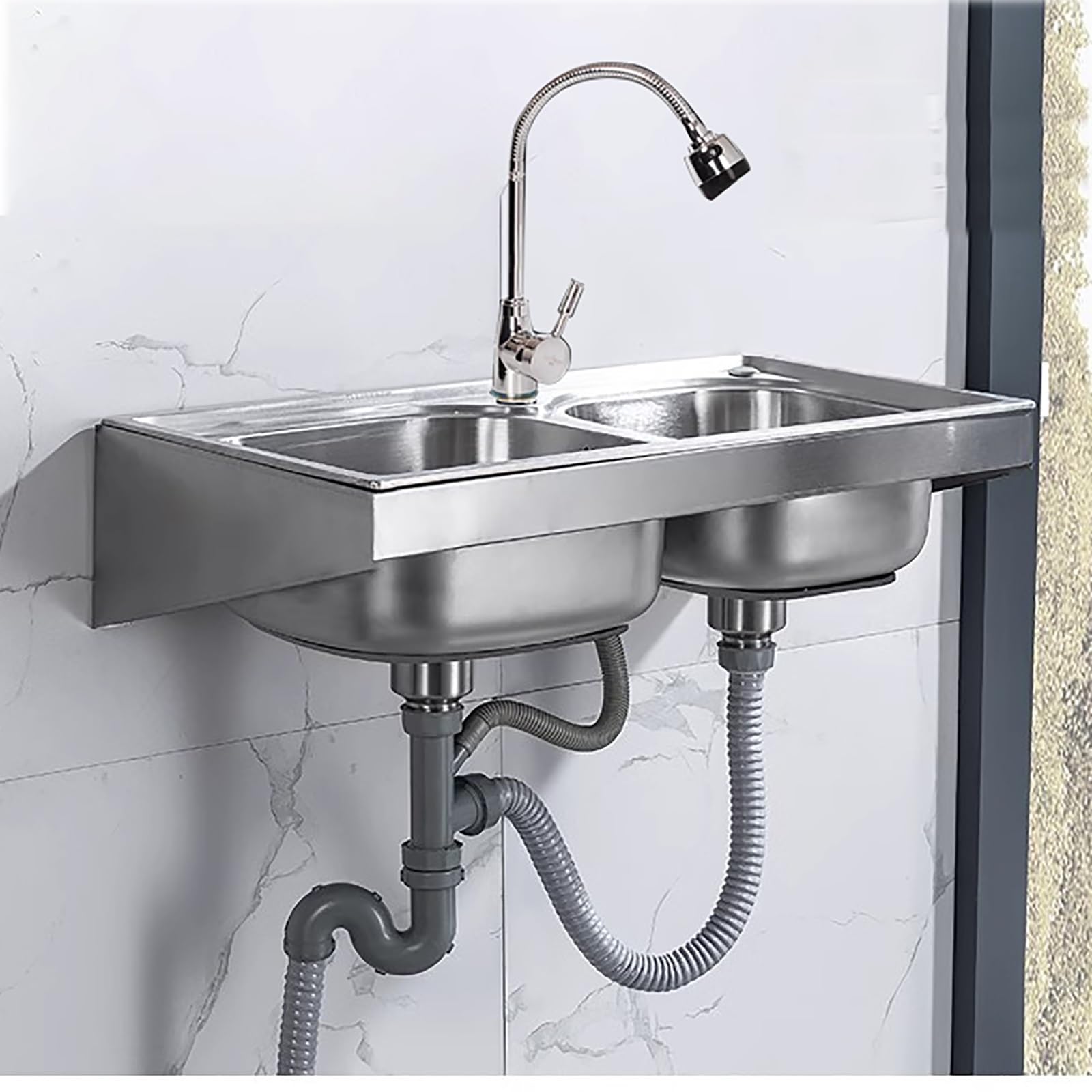 Catering Sink Wall mounted stainless steel sink double bowl Stainless Steel Commercial Kitchen Sink Easy To Clean 2 Compartment for Bar Restaurant