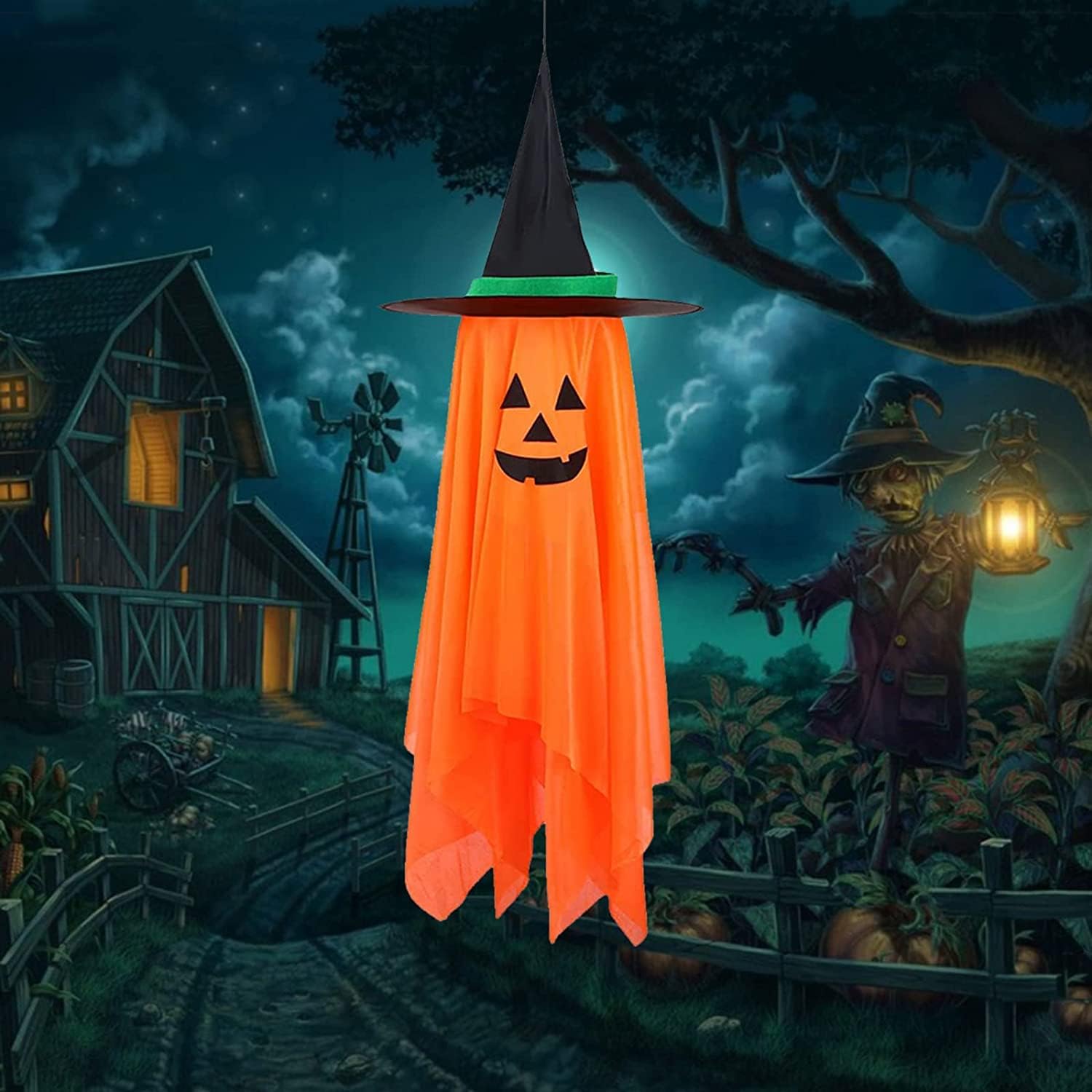 Halloween Decorations Single Pre-Installed Orange Pumpkin Wizard Hat Halloween Decor Hanging Pumpkin Ornaments for Home Garden Party Indoor Outdoor
