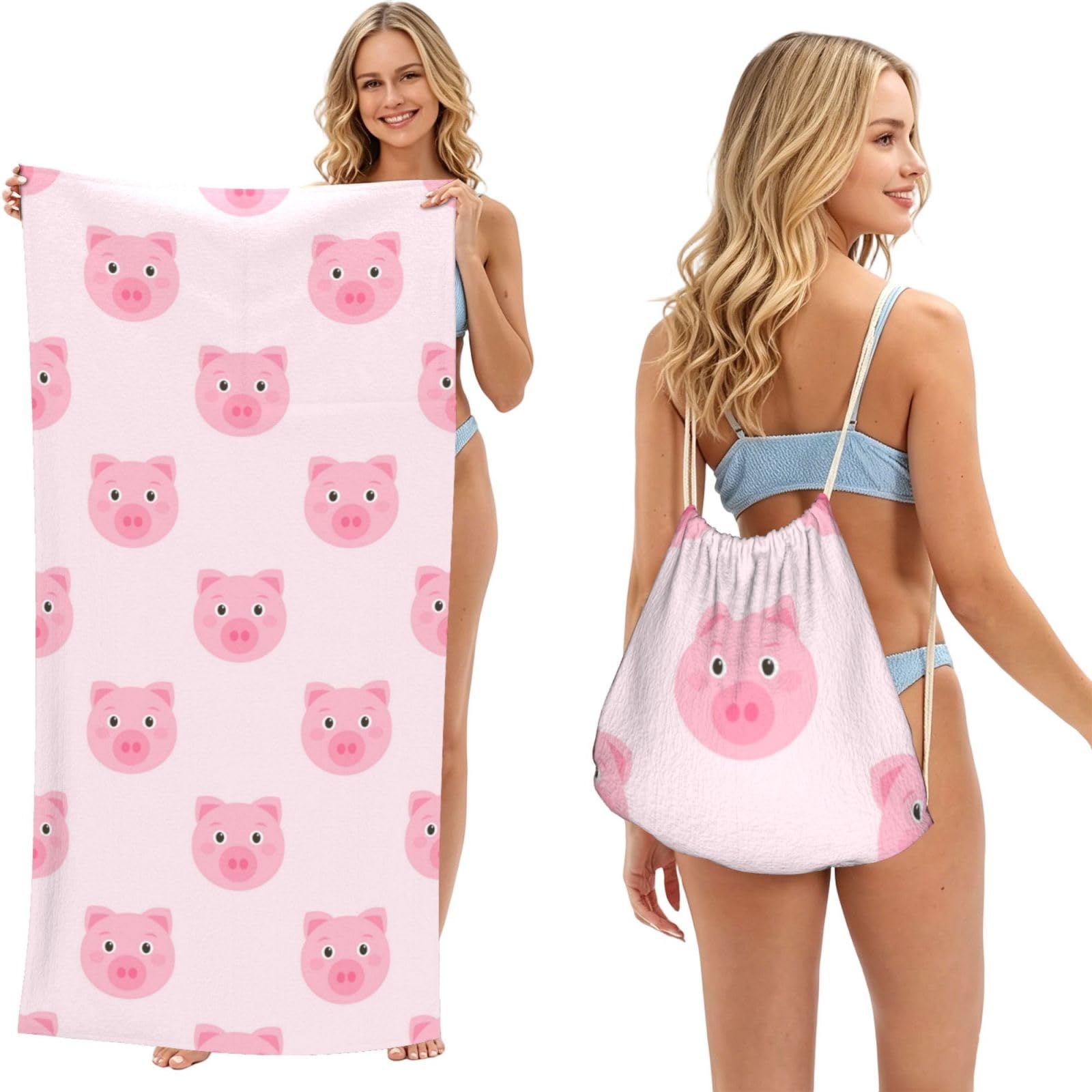 Poadnly As Picture Cute Animal Pig Pattern, 2 In 1 Packable Towel Bag, Beach Towels With Drawstring Backpack For Travel Holiday Camping