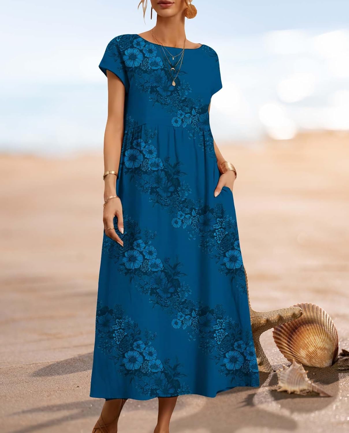 Womens Cotton Linen Dresses Short Sleeve Casual Floral Print Beach Holiday Maxi Dress with Pockets for 2025 Summer