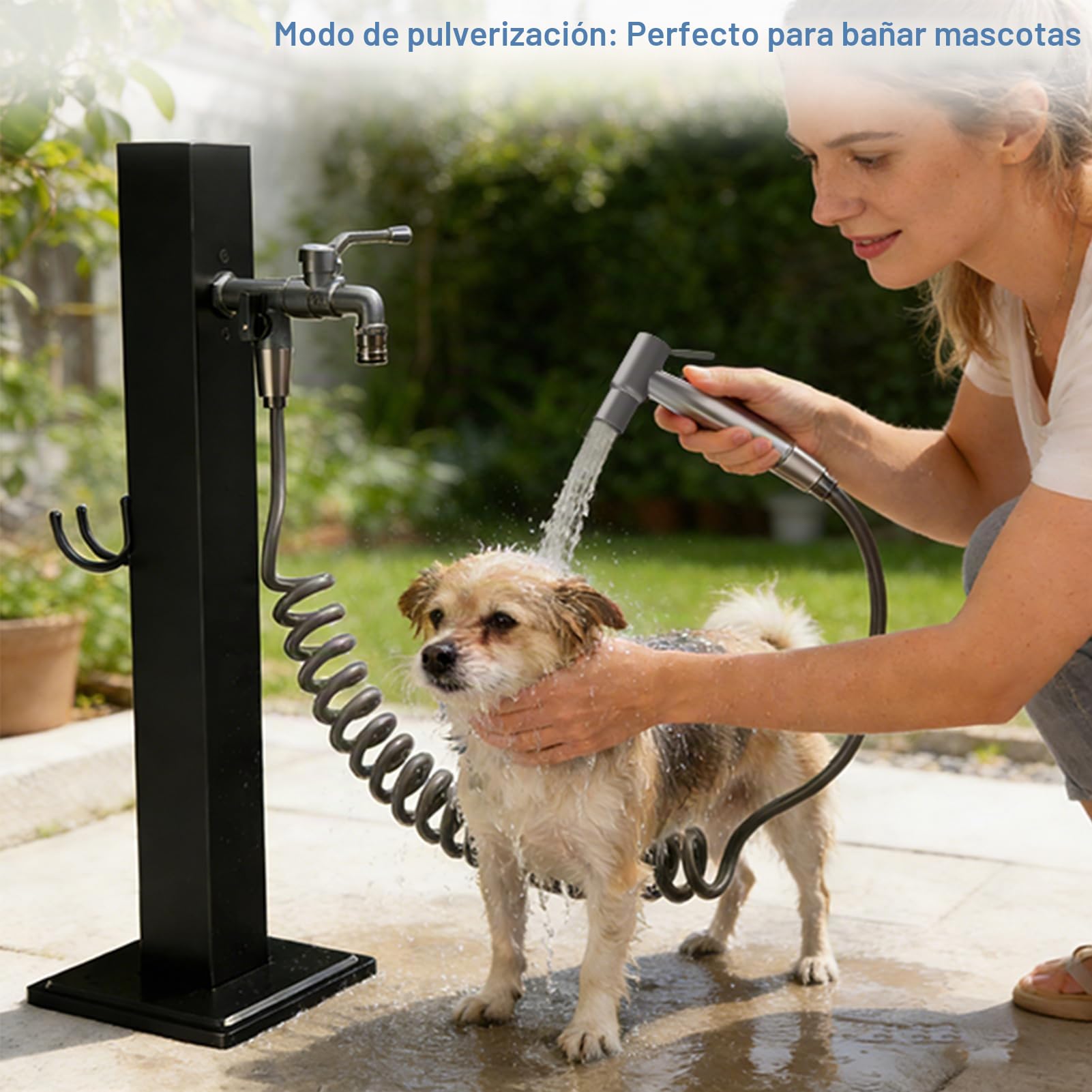 Columna de Agua para Jardín, Grifo de Jardín Negro con Pistola y Manguera, Columna de Grifo Exterior de Pie de Acero Inoxidable, Poste de Agua, Fuente Jardín, Resistente a Las Heladas 95 cm