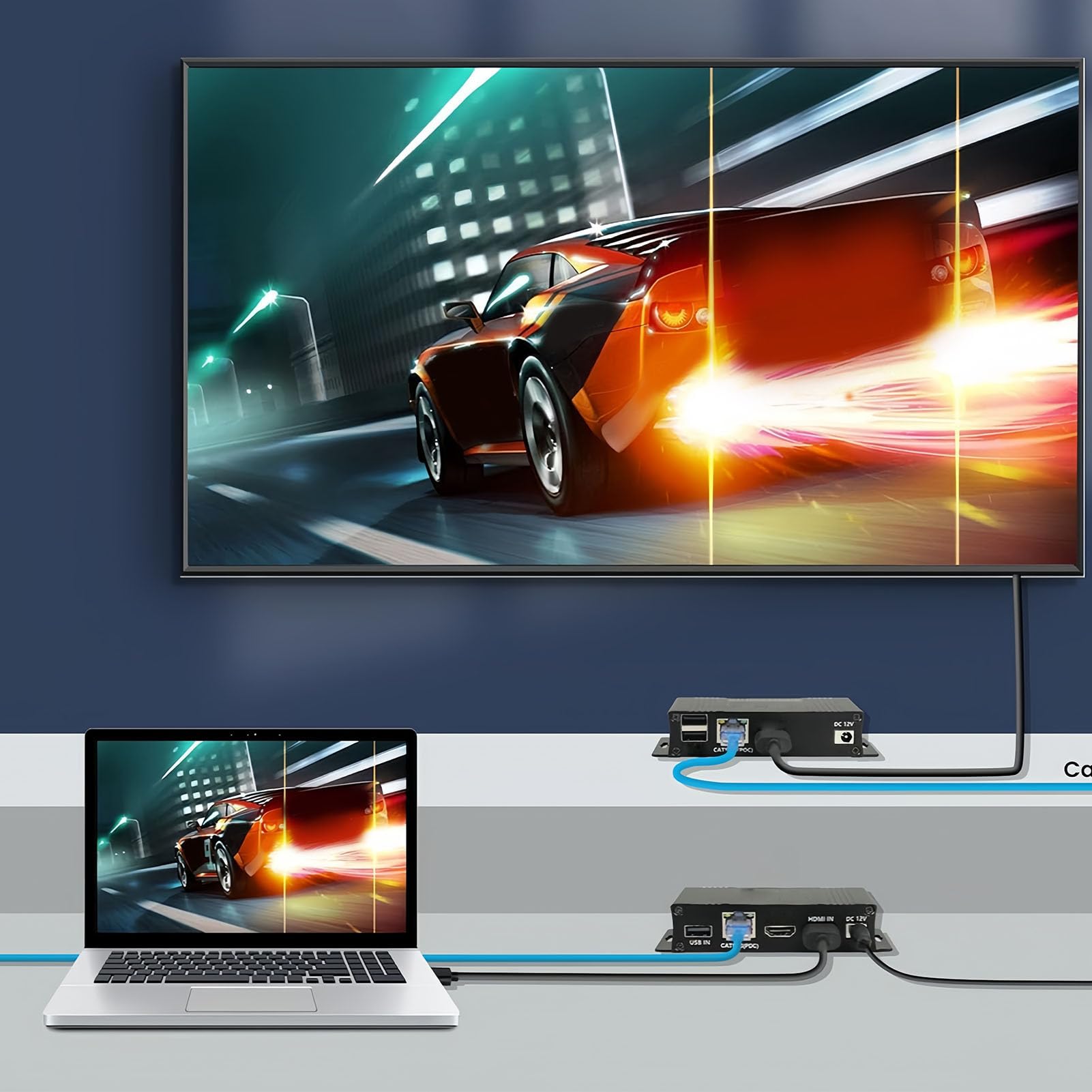 Jiawu Przedłużacz USB KVM, Zestaw Przedłużacza HDMI, Transmisja Wideo 1080P 60 Hz Przez Kabel Ethernet CAT5e/6 do 56 Stóp, Funkcja Plug and Play do Sterowania klawiaturą i myszą USB (wtyczka UE)