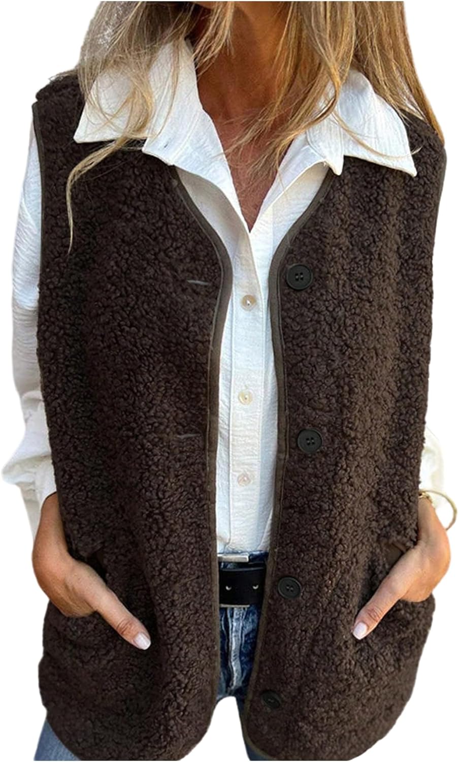 Floerns Women's Fuzzy Fleece Vest Button Down Fall Sherpa Jacket Outerwear with Pocket