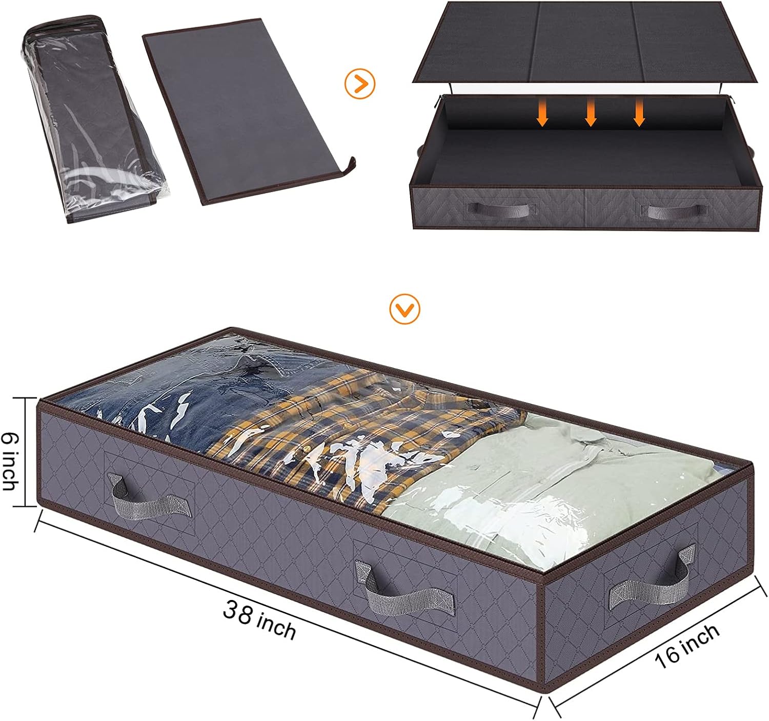 ICERO Under bed Storage Containers - Sturdy Sidewalls and Bottom for Clothes Sweaters Pillows Blankets and Shoes - 38 x 16 x 6 Set of 2 (Gray)