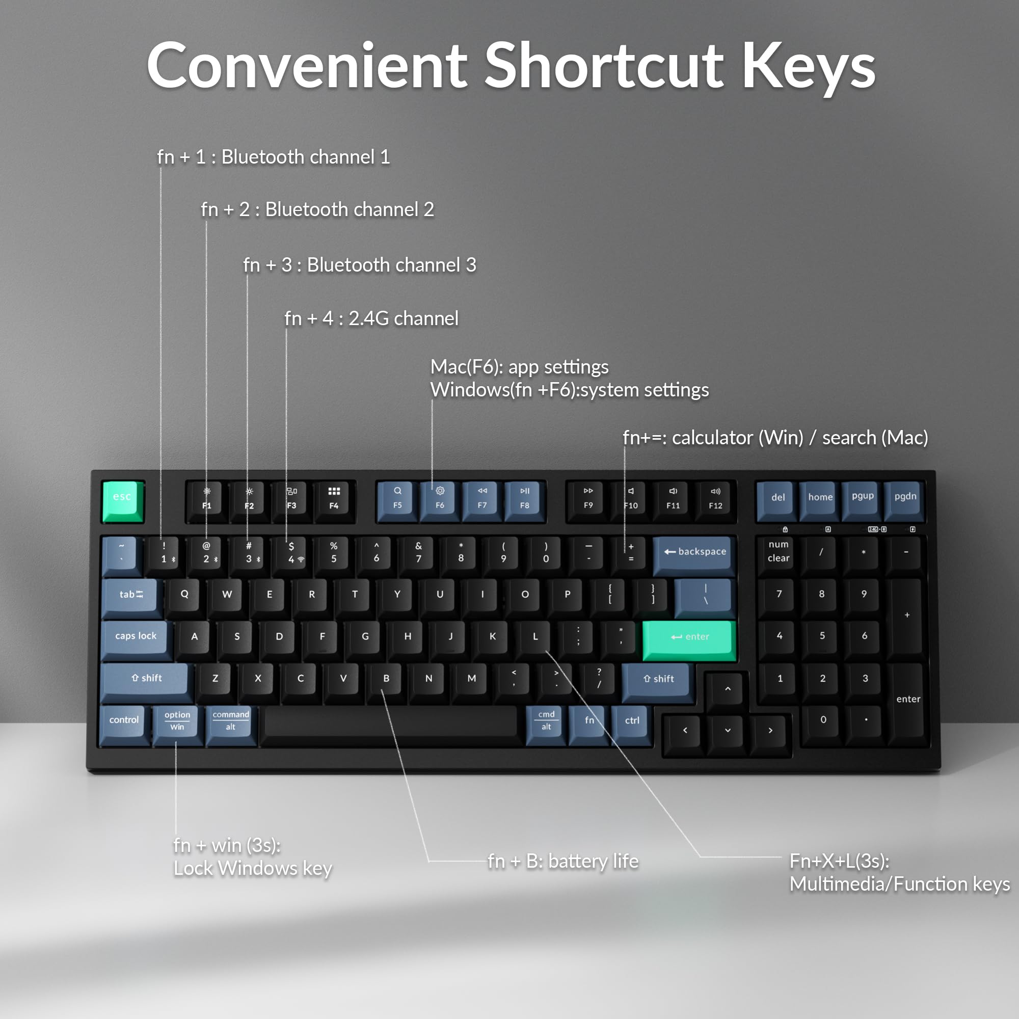 Keychron Tastiera wireless B35, 2,4 GHz/Bluetooth, layout 96%, tastiera con tastierino numerico, silenzioso, supporto per la digitazione silenziosa, angolo ergonomico, compatibile con Mac Windows