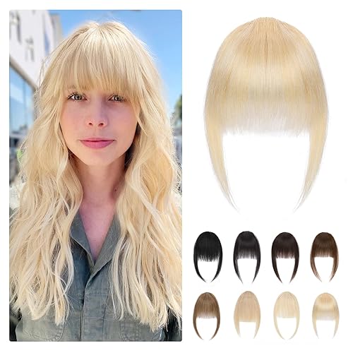 SLEEKALON Flequillo con clip de cabello humano con clip, flequillo rubio, flequillo falso de cabello humano real, plano y grueso para cabello