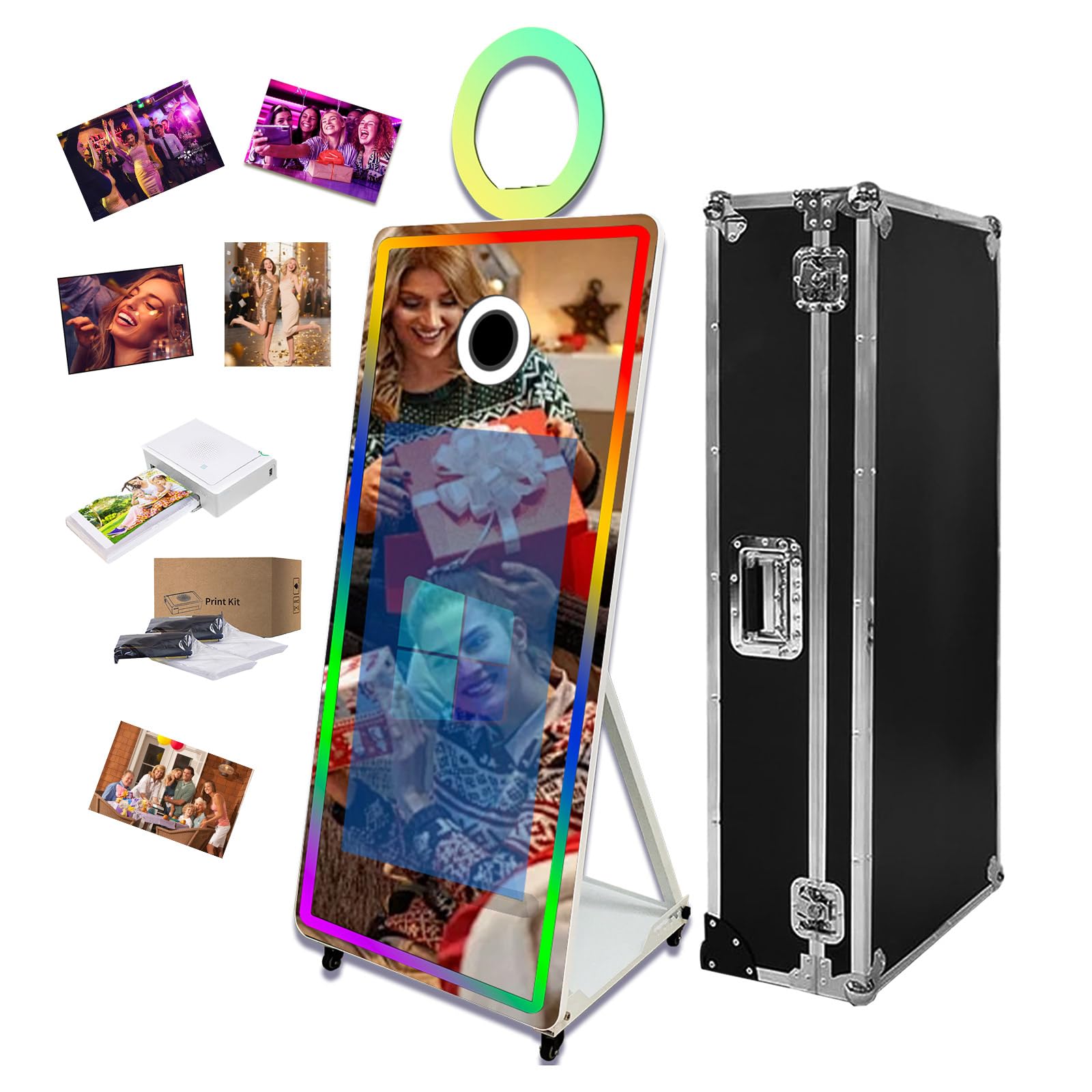 Mirror Photo Booth 43in Touch Screen Selfie Portable Photobooth Machine DSLR Booth with Printer for Wedding Party Events Pack with Flight Case (White, 65 inch(43''Screen)+Mini Printer)