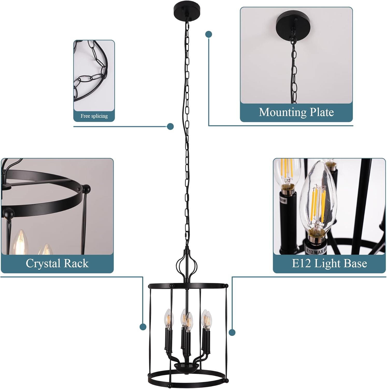 6-Light Black Chandelier Lantern Pendant Light Fixture, Rustic Hallway Chandelier Lighting with Adjustable Cord, Round Metal Cage Hanging Lights for Foyer/Kitchen/Bar/Entryway, E12 Base, Diameter 14"