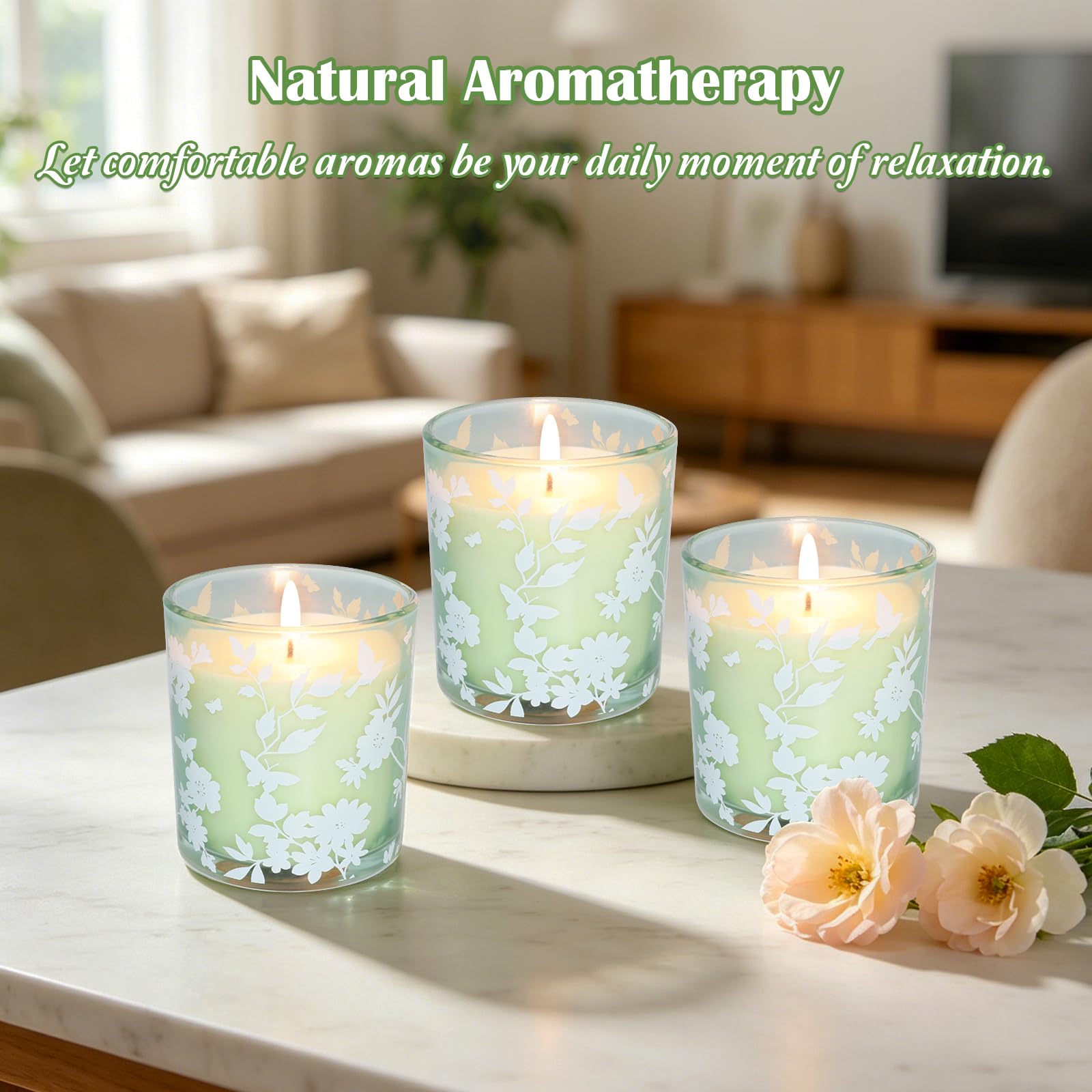Paquete de 3 velas perfumadas de vainilla para aromaterapia, cera de soja de larga duración, vela en tarro de cristal blanco floral verde para decoración del hogar, Navidad, cumpleaños