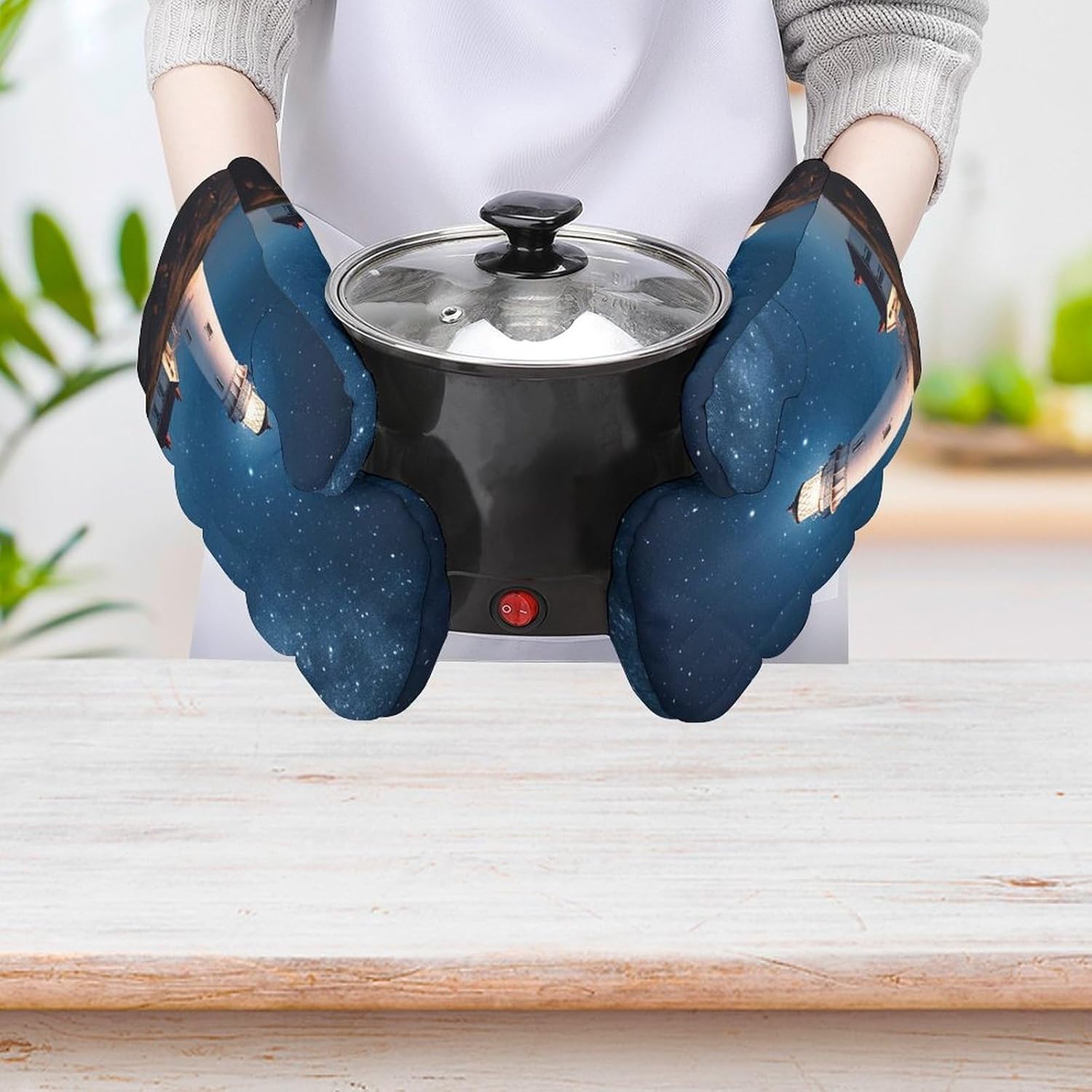 2 Pcs Oven Mitts Heat Resistant Kitchen Gloves Soft Safety Lighthouse Under Starry Night Oven Glove for Microwave, Barbecue