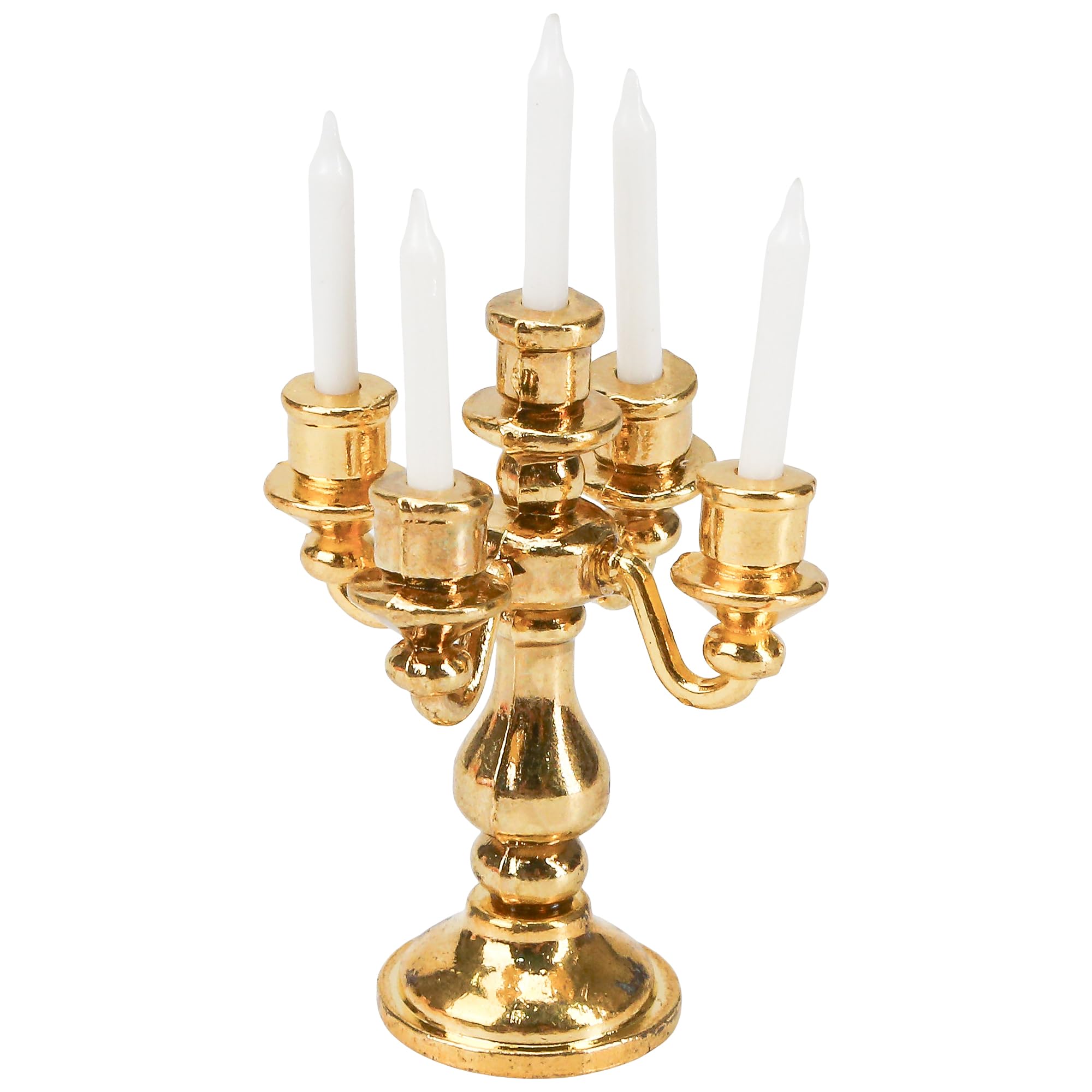 1/12 Miniature Gold Candlesticks Candelabra with Candles, 5-arms – Dollhouse Accessories Mini Candle Holder Stand for Kitchen Scene Decoration (1pc)