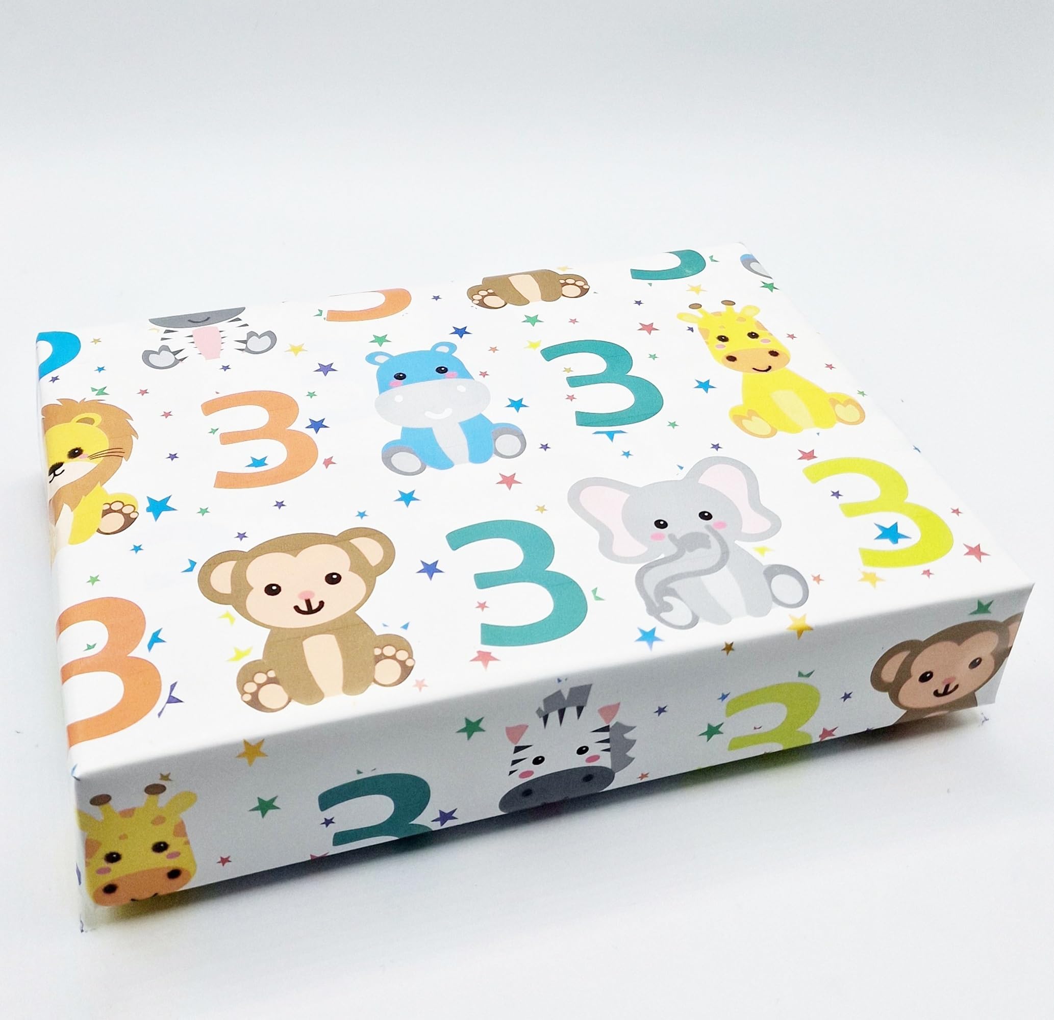 4 Sheets 4 Tags 3rd Birthday Boy Girl Unisex Multi Coloured JUNGLE Theme Wrapping Paper Age 3 Cute Fun Attractive Birthday Giftwrap (PA)