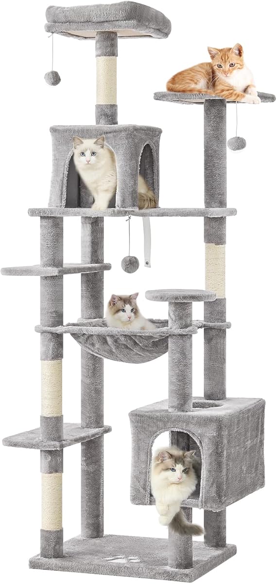 MSmask Kratzbaum groß, L Katzenbaum Stabil, Katzenkratzbaum mit 2 Plattformen, 2 Katzenhöhlen, Hängematte, Sisalsäulen, mehrstöckiger Kletterbaum für Katzen (Hellgrau, 173 cm)