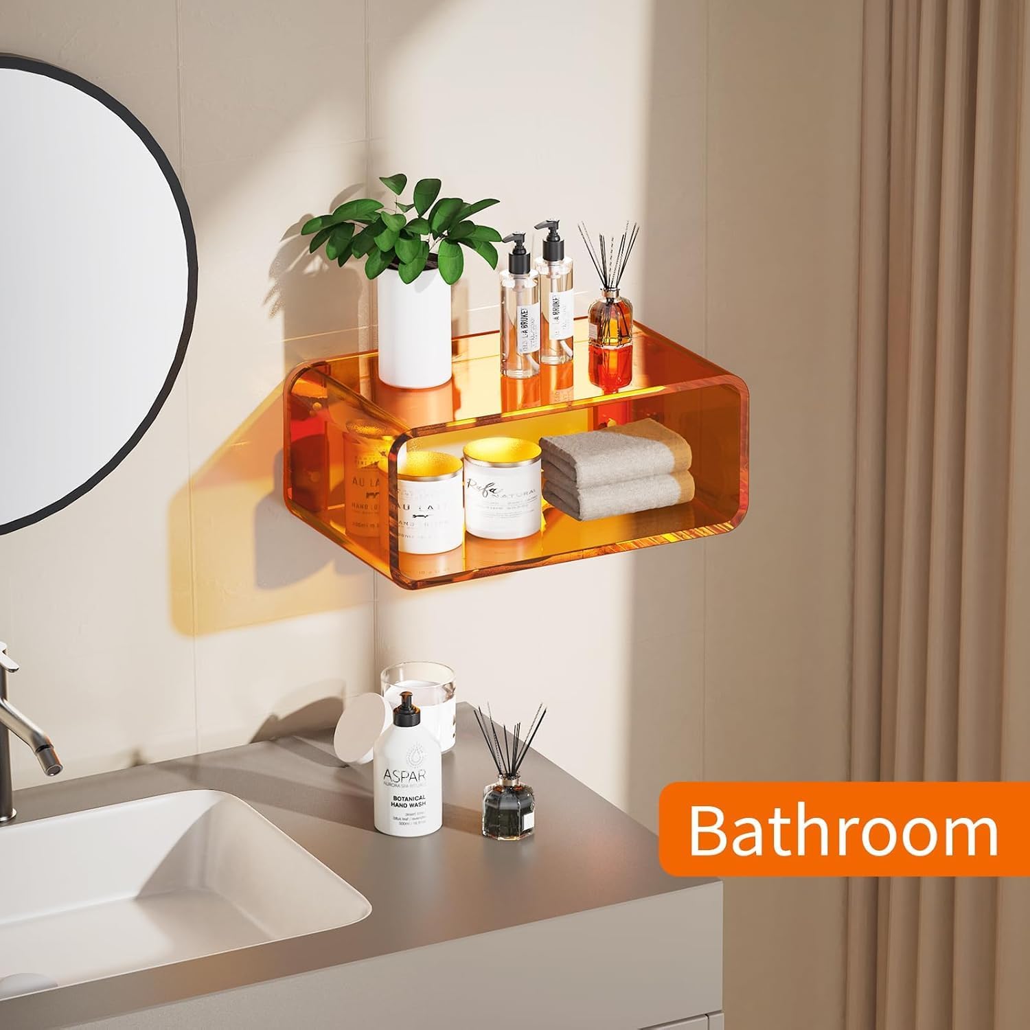 Acrylic Floating Shelves for Wall, Transparent Nightstand Wall-Mounted BedsideTable, Space-Saving Clear Acrylic Shelf for Figures, Home Décor, Plants (16.1''x 9.4''x 6.7'', Orange)