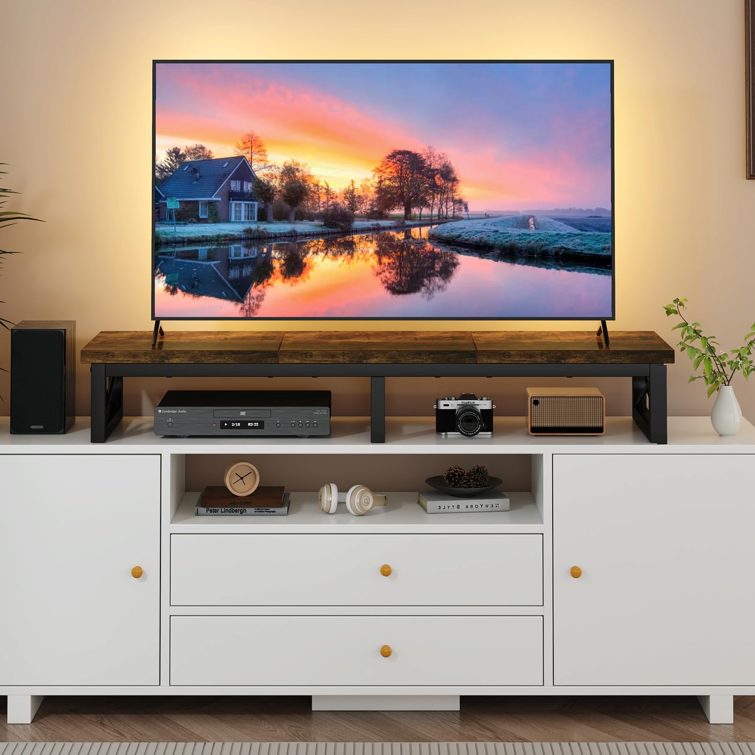 IBUYKE Mobile TV da 32-60 inch TV, Mobiletto Basso per TV a 2 Ripiani,scrivania per ufficio a doppio schermo,Mobile TV per Soggiorno e Camera da Letto,Marrone rustico TVT002H