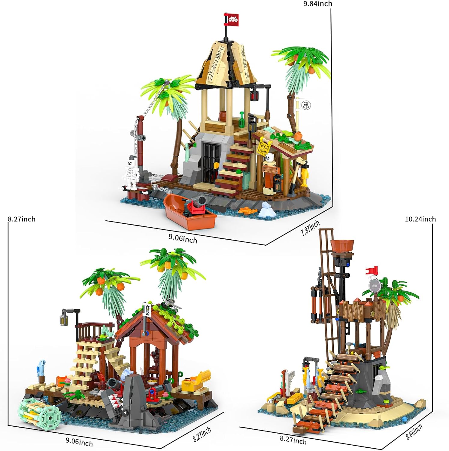 Pirate Island Building Kit - Watchtower, Black Reef, Skull Island with Skull, Prison & More Scenarios, Perfect for Family Building Time, Birthday Gifts for Boys Aged 6+, 1499 PCS, 3 Sets