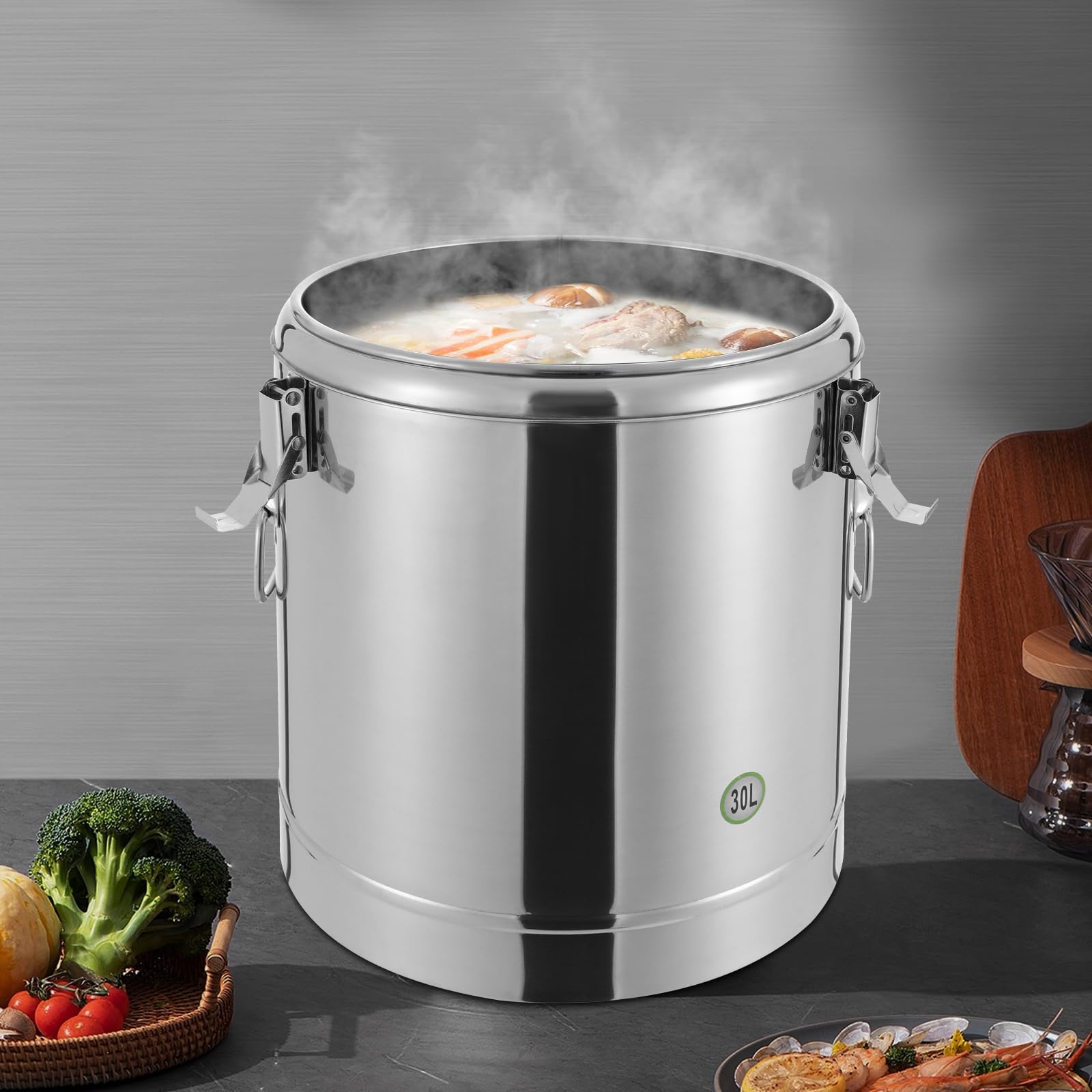 30L Thermobehälter Edelstahl, Isolierter Warmhaltebehälter für Essen Suppenbehälter mit 12h Temperaturerhalt, Großer Suppentopf für Gastronomie und Catering