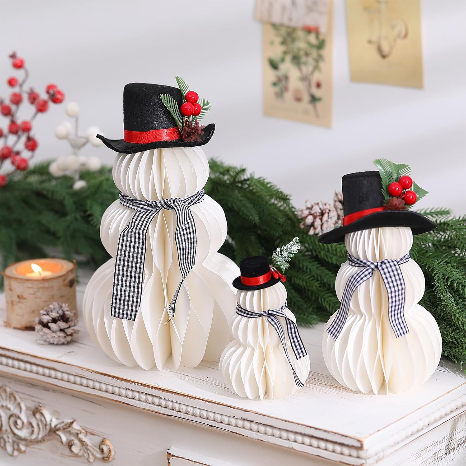Geelin 6 Pcs Christmas Snowman Table Decorations Paper Winter Honeycomb Table Centerpiece 3D Christmas Honeycomb Decors with Snowman Hats Scarves for Home Tabletop Fireplace Xmas Holiday Party Decors