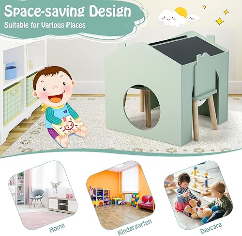 Miniatura 9 de Costzon Juego de mesa y silla para niños juego de mesa de madera de 3 piezas para niños pequeños con pizarras para artes manualidades lectura dibujo