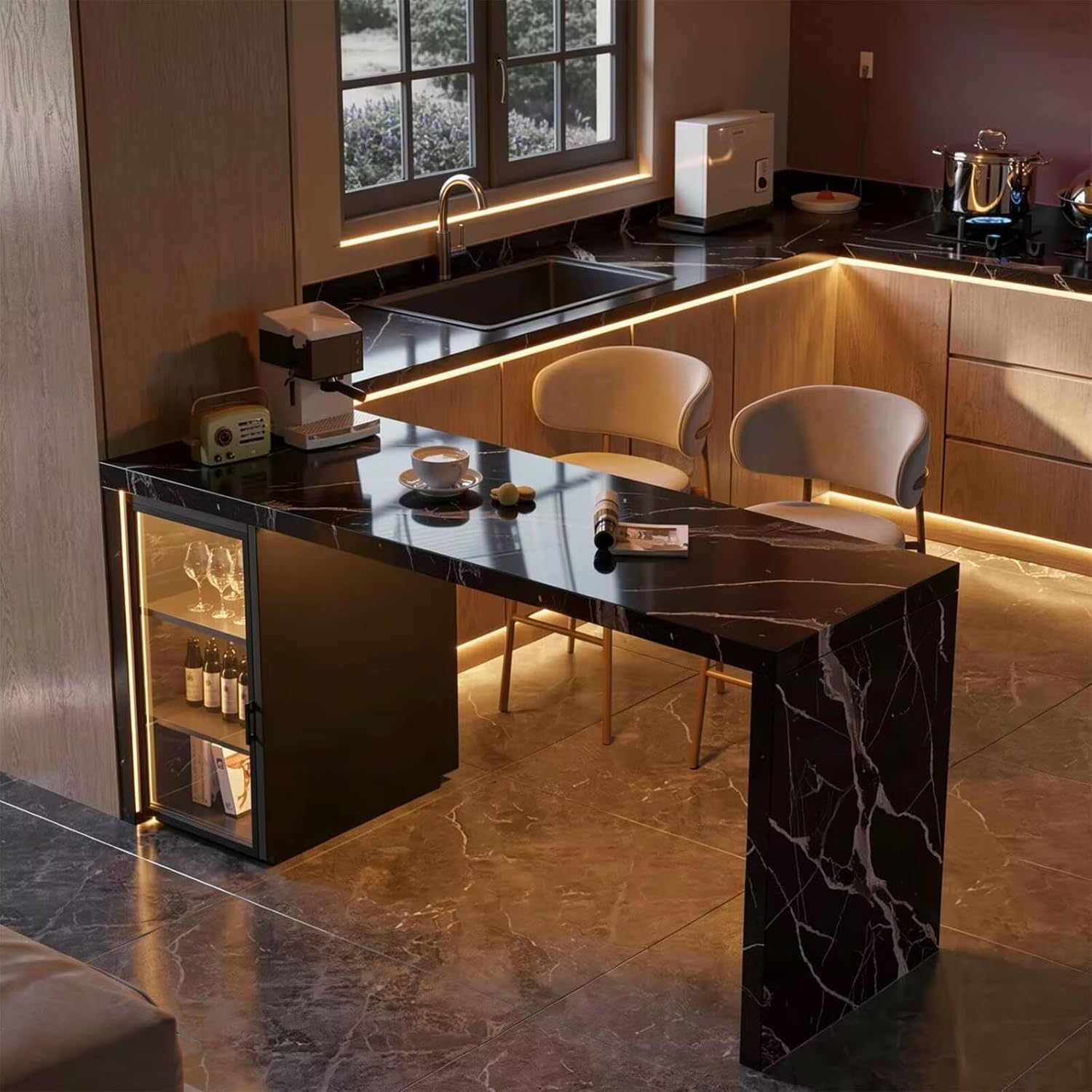 Kitchen Island with Storage - Kitchen Island Table with LED Lighting, Integrated Sink, Glass Front Cabinet, Power Outlets, Adjustable Shelving for 4 (76IN No Chairs)