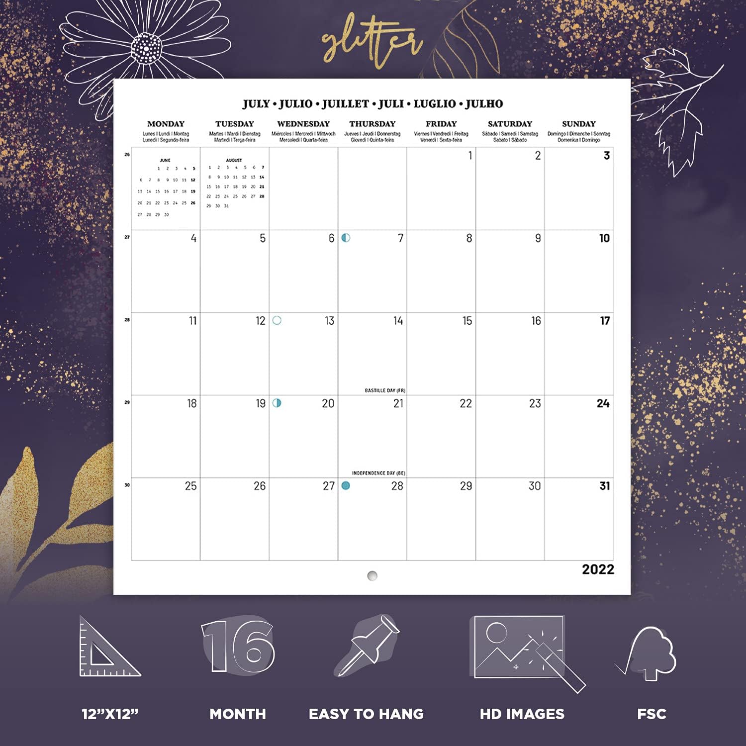 Grupo Erik: Official Glitter 2022 Calendar, 12' x 12' Square Wall Calendar 2022, Family, Quotes Calendar 2022 - Image 4