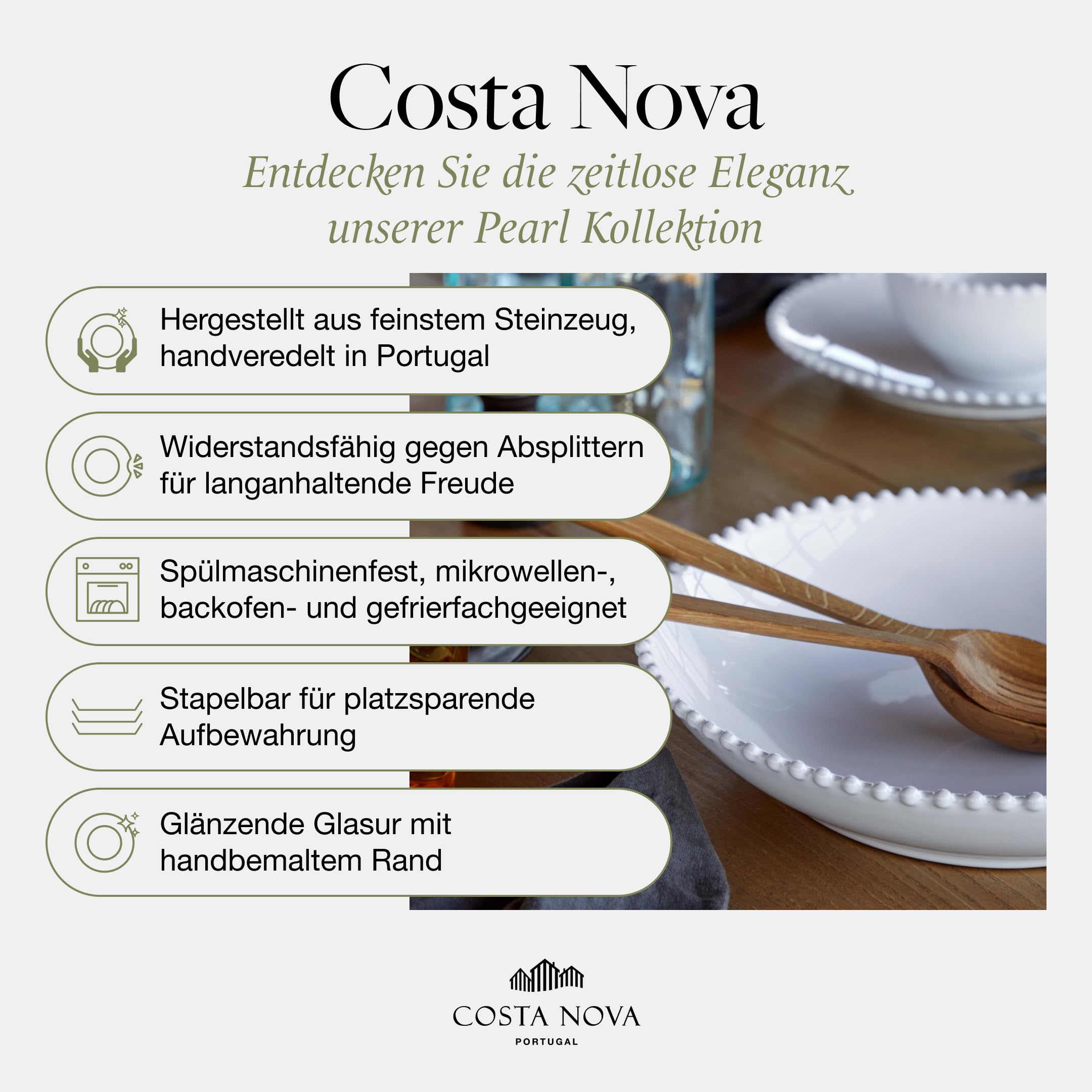 Costa Nova Salatschale Pearl: Steinzeug-Servierschüssel mit glänzender Glasur, Handgemalter Rand, Spülmaschinen-, Mikrowellen-, Ofen- & Gefrierfest, Stapelbar, Handveredelt, Weiß, Ø 34,1 cm