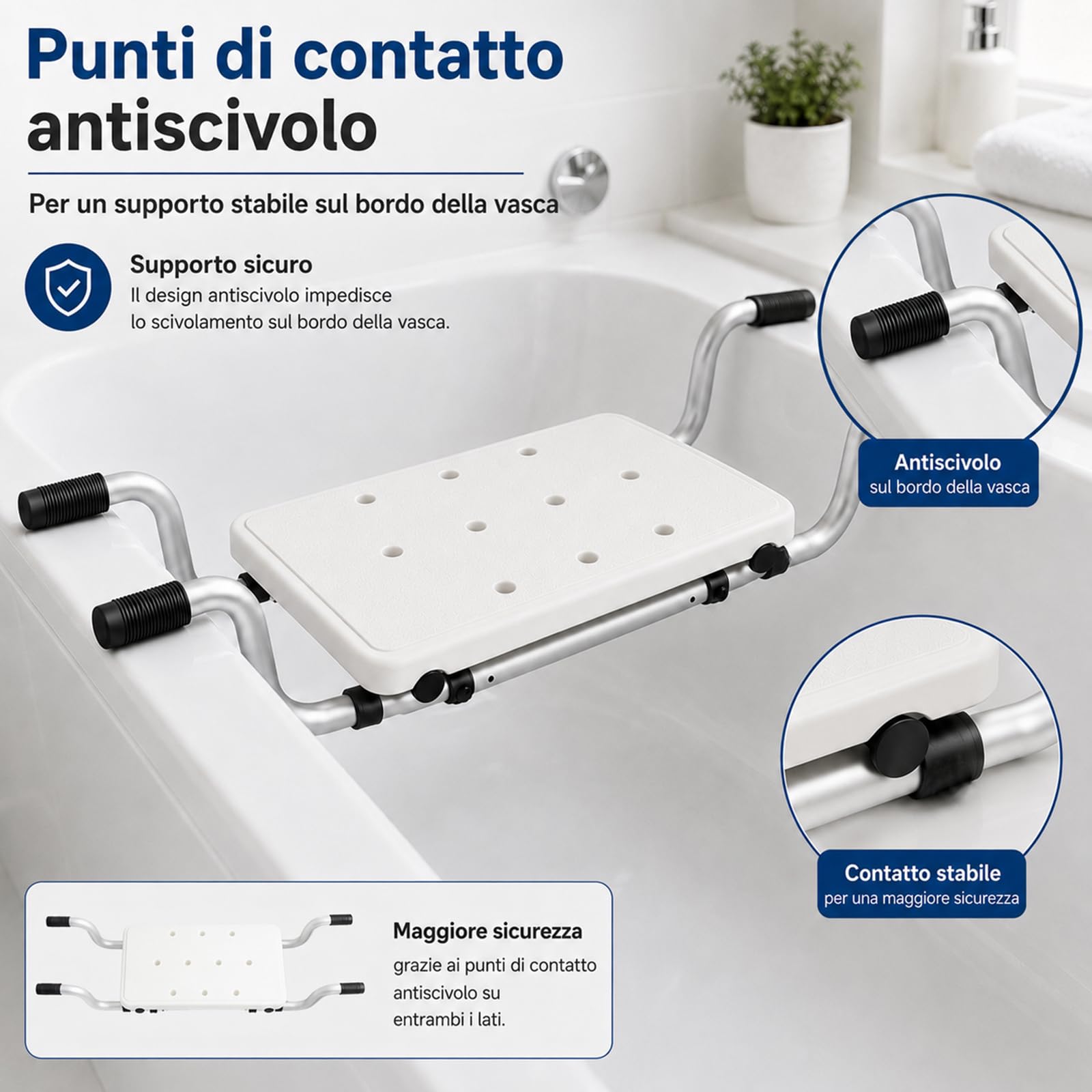 Sgabello da Doccia 3 in 1,OJTOJT Sedile per Vasca da Bagno Allungabile Sedia per Vasca da Bagno 72-82cm Sedia da Doccia Portata 130 kg Sedile Sospeso in Alluminio Seduta Vasca per Anziani