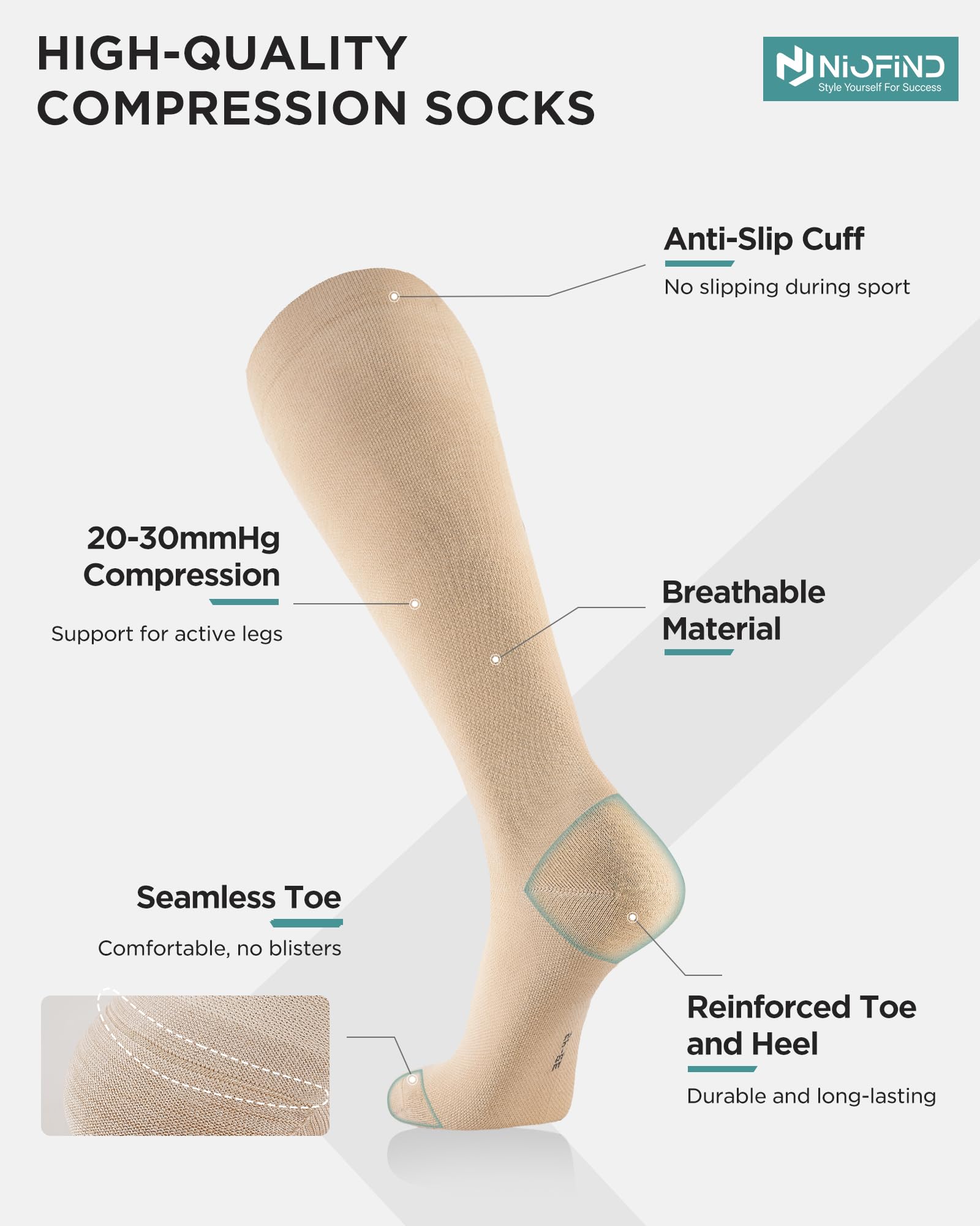 Niofind Calze a Compressione Graduata Donna e Uomo – 2 Paia di Calze al Ginocchio e Calze Elastiche – In Cotone 65% – Ideali per Sport, Lavoro, Viaggio e Gravidanza