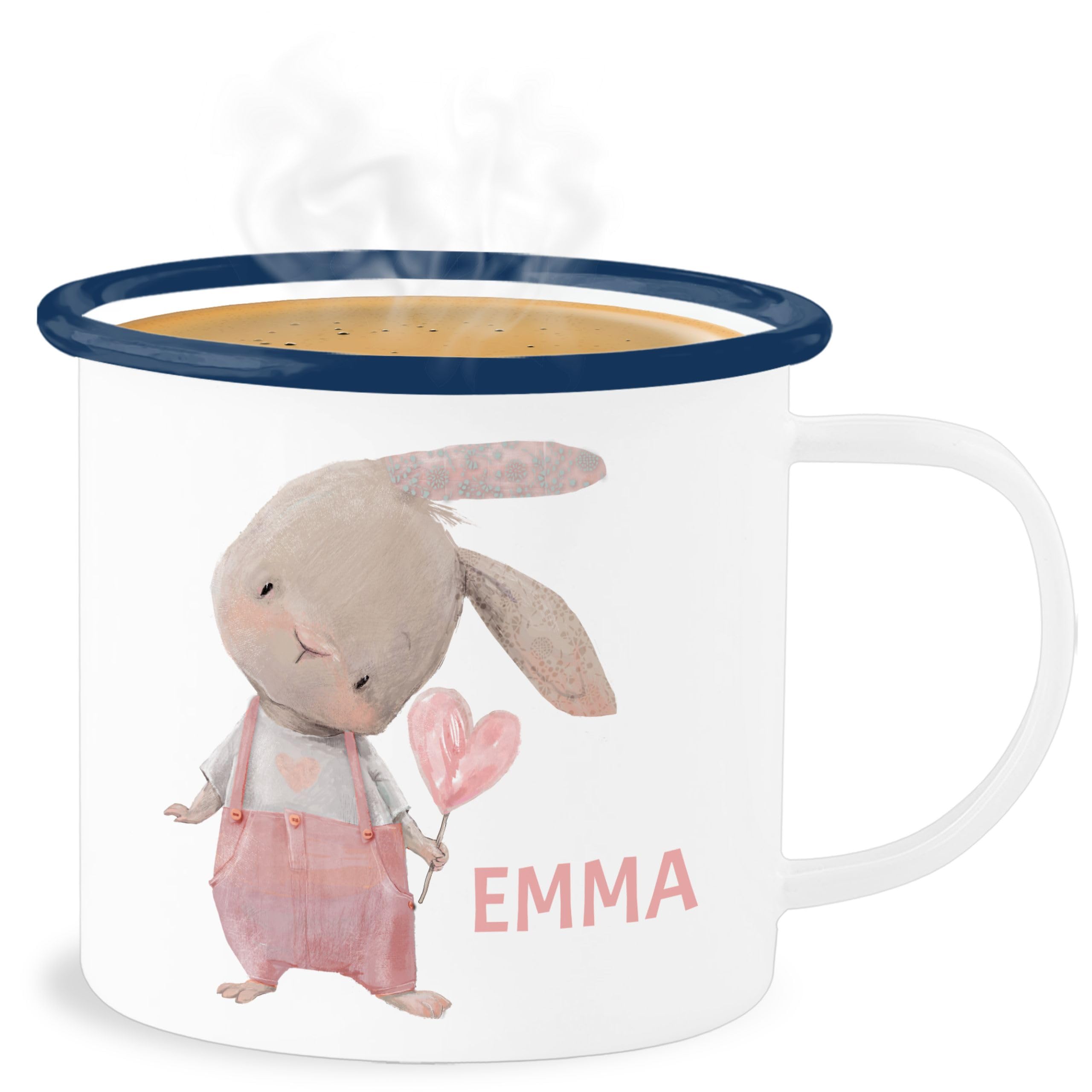 Personalisiert Emaille Becher Mit Hasen-Motiv – 300 Ml, Weiß Mit Silbernem Rand, Geschenk Für Ostern Oder Hasen-Fans