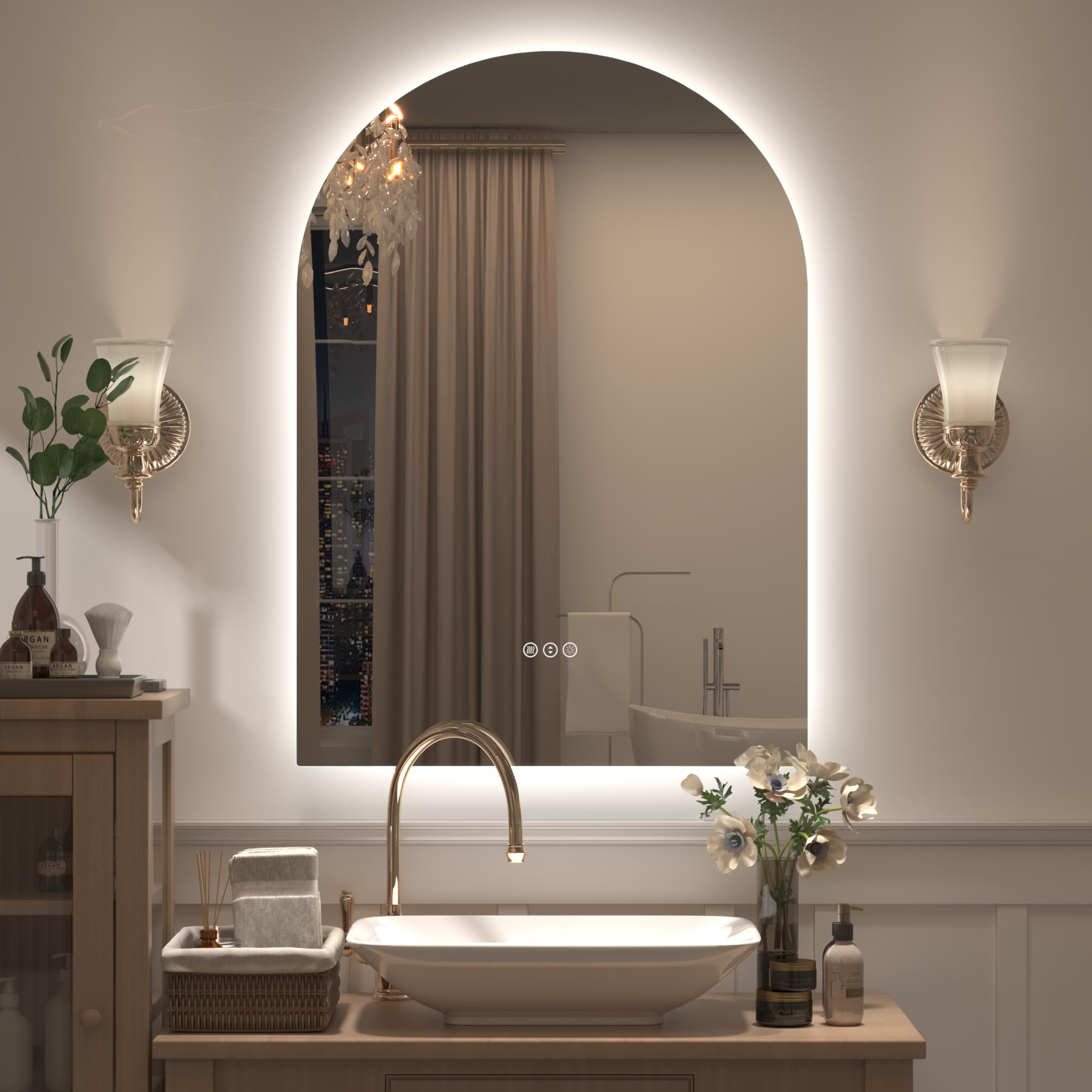 22x32 Inch Arched LED Bathroom Mirror with Lights