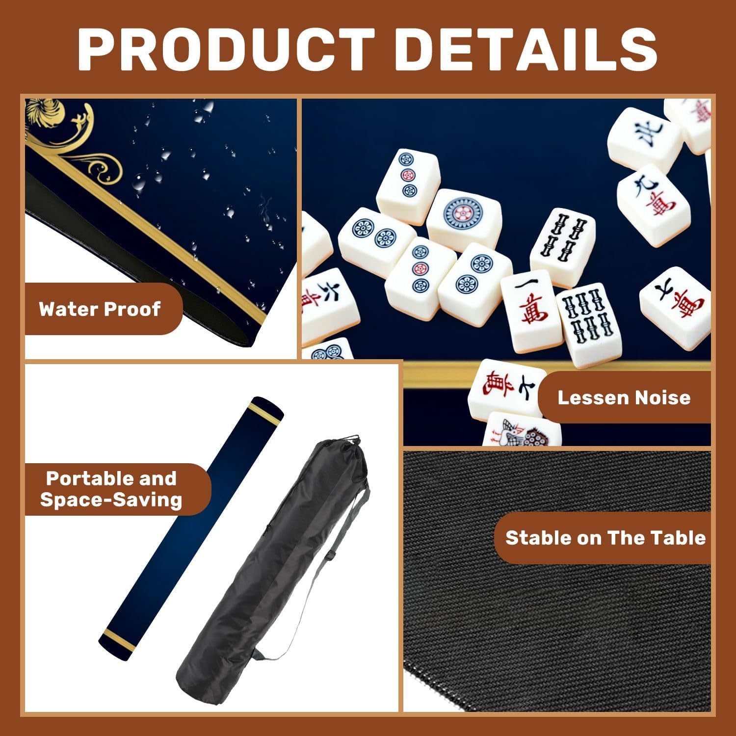 Mahjong Mat 31.5" x 31.5" Elegant Gold Floral Frame Deep Blue Non-Slip Noise Reduction Mahjong Tiles Table Cover for Dominoes Poker Card Board and Tile Games Gift