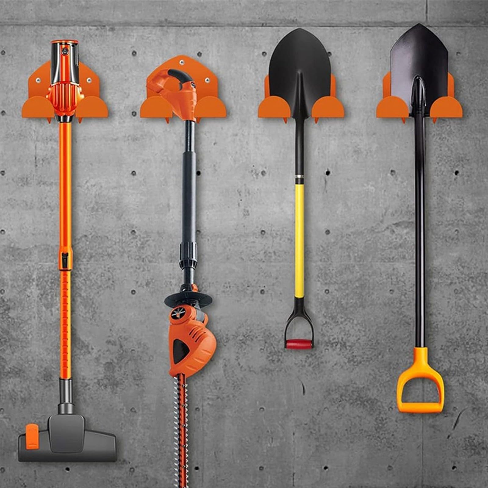 Soporte de pared resistente para cortacésped y cortasetos, resistente estante de acero para guardar herramientas de jardín en garaje o cobertizo, lacado en naranja, incluye 2 soportes y kit