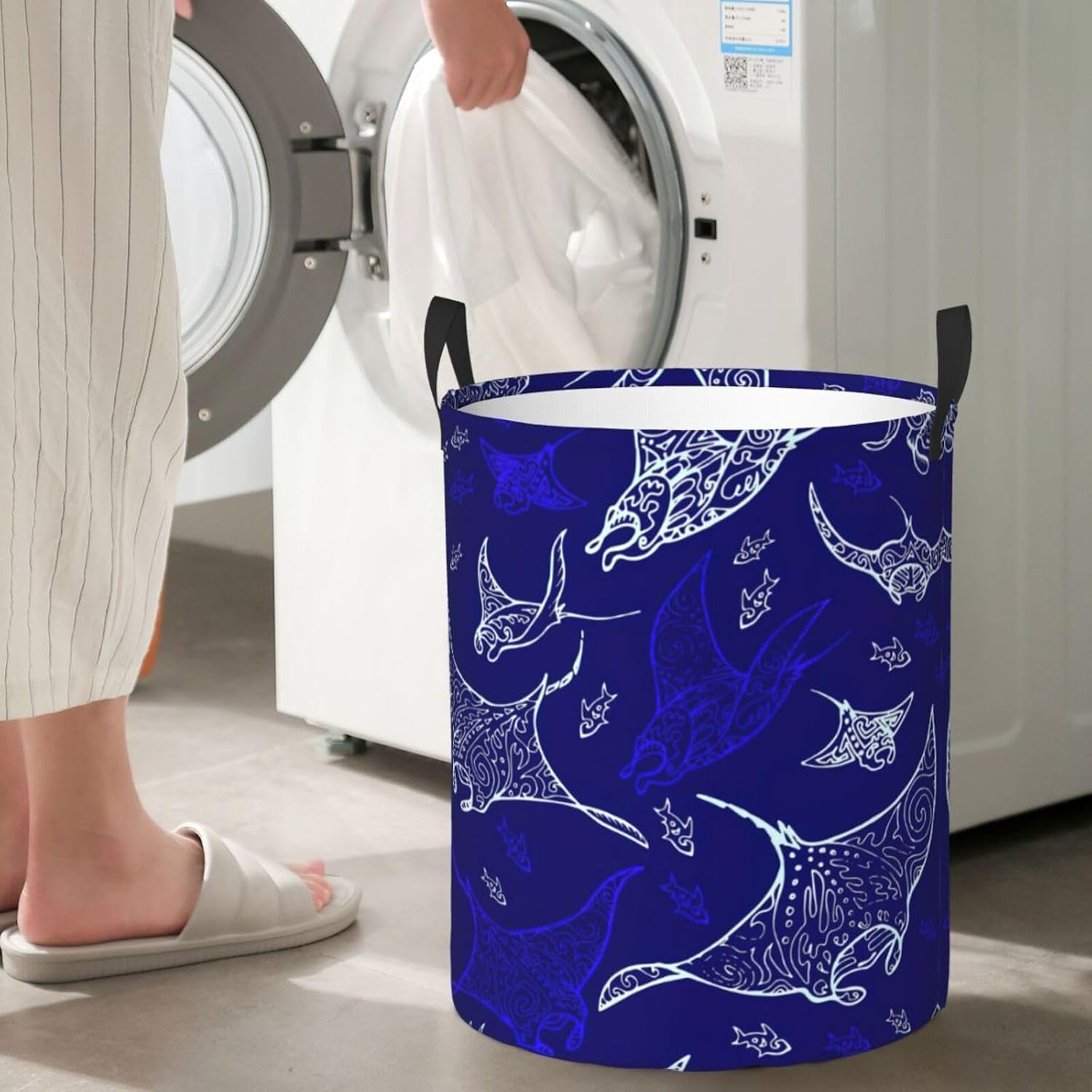 Manta Ray And Fish Circular Hamper - Dirty Clothes Storage Bucket Hamper For Organizing Laundry And Bedroom Storage