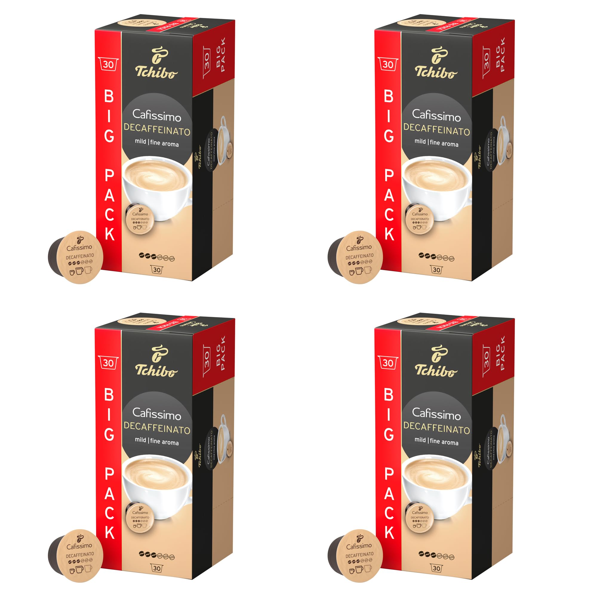 Tchibo Cafissimo Caffè Crema kapsułki z kawą bezkofeinową, 120 sztuk – 4 x 30 kapsułek (kawa, łagodna o delikatnym aromacie), zrównoważony i sprawiedliwy handel
