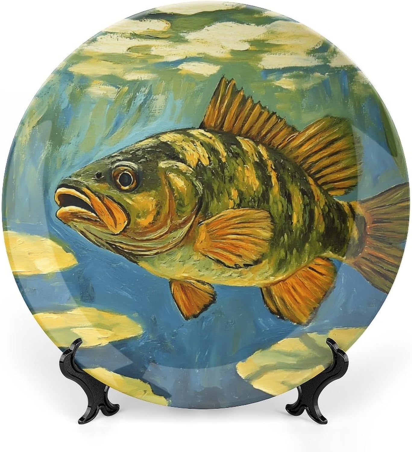 Underwater Bass Fish Decorative Plates for Display Ceramic Plate Tray with Stand Hanger Home Decor