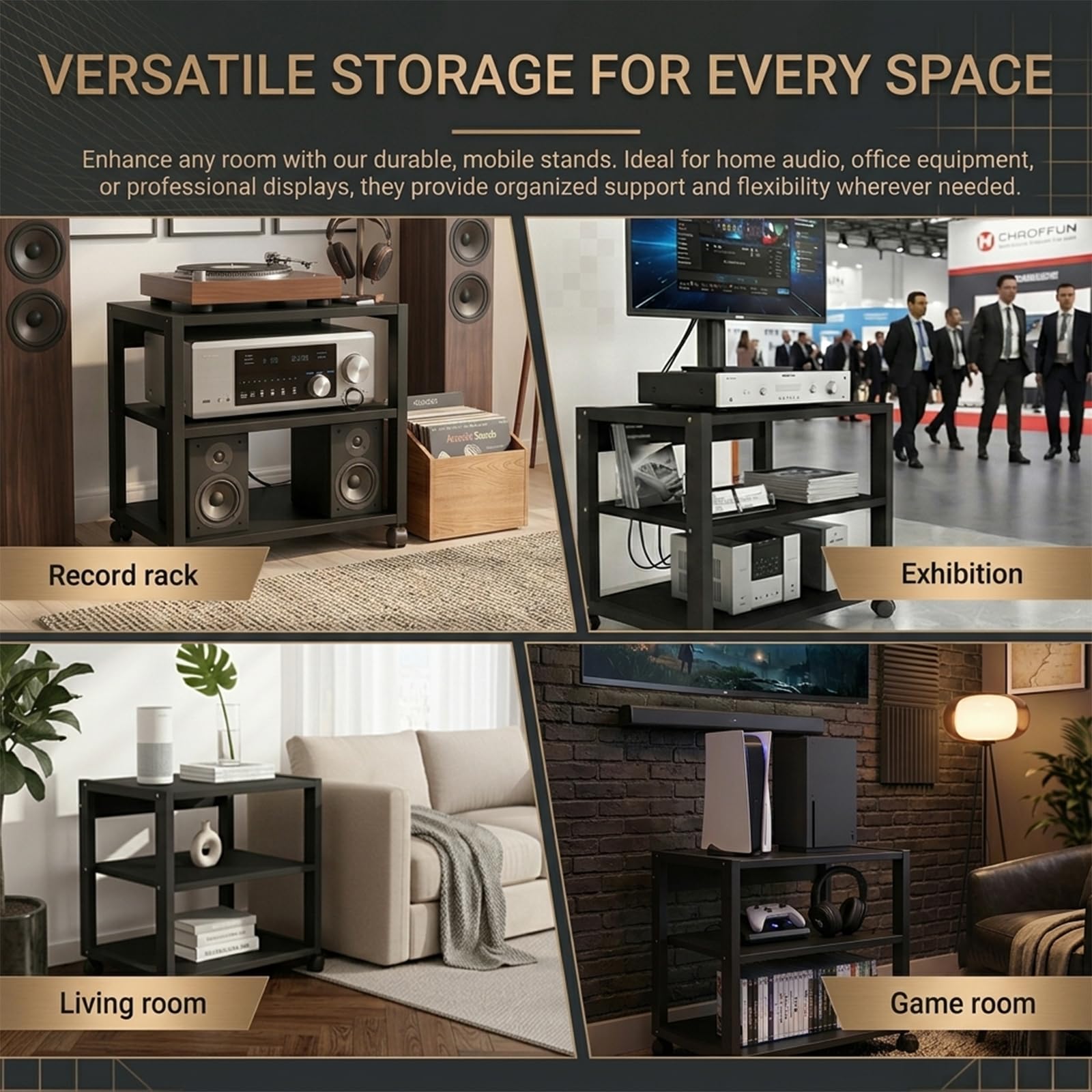 Mobile Hi-Fi Rack e Supporto Stampante 3D con Ruote, Scaffale Robusto a 3 Ripiani, 50x40x48,5cm Metallo e Legno Nero, Tavolino Porta Stereo e Carrello Ufficio sotto Scrivania Salvaspazio