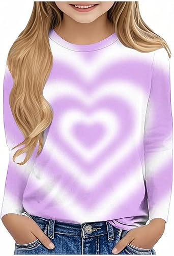Girls Tie Dye T Shirts Long Sleeve Love Graphic Tees Fall Cotton Tshirts Basic Tops 3-14 Years