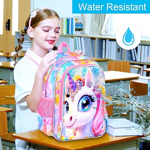 Miniatura 7 de Mochila de 16 pulgadas para niñas, juego de 3 mochilas escolares para primaria preescolar Kindergarten, bolsa para niños con lonchera, Unicornio