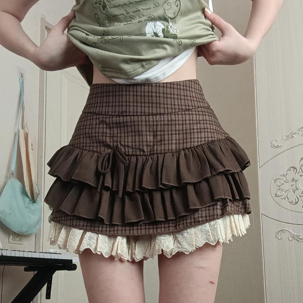 Lunoakvo Women's High Waisted Short A-line Flare Gothic Mini Black Red Plaid Pleated Skirt Dress