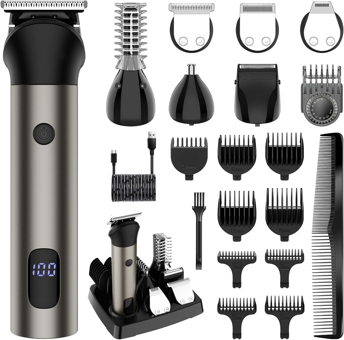 Hair Clippers for Men, All in One Hair Trimmer 7 Blades Changeable Electric Barber Haircut Machine Body Nose Trimmer Set for Men