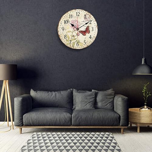 Miniatura 7 de Reloj de pared silencioso de 14 pulgadas sin tictac, relojes de pared con números arábigos grandes, reloj redondo de madera con patrón de mariposa y