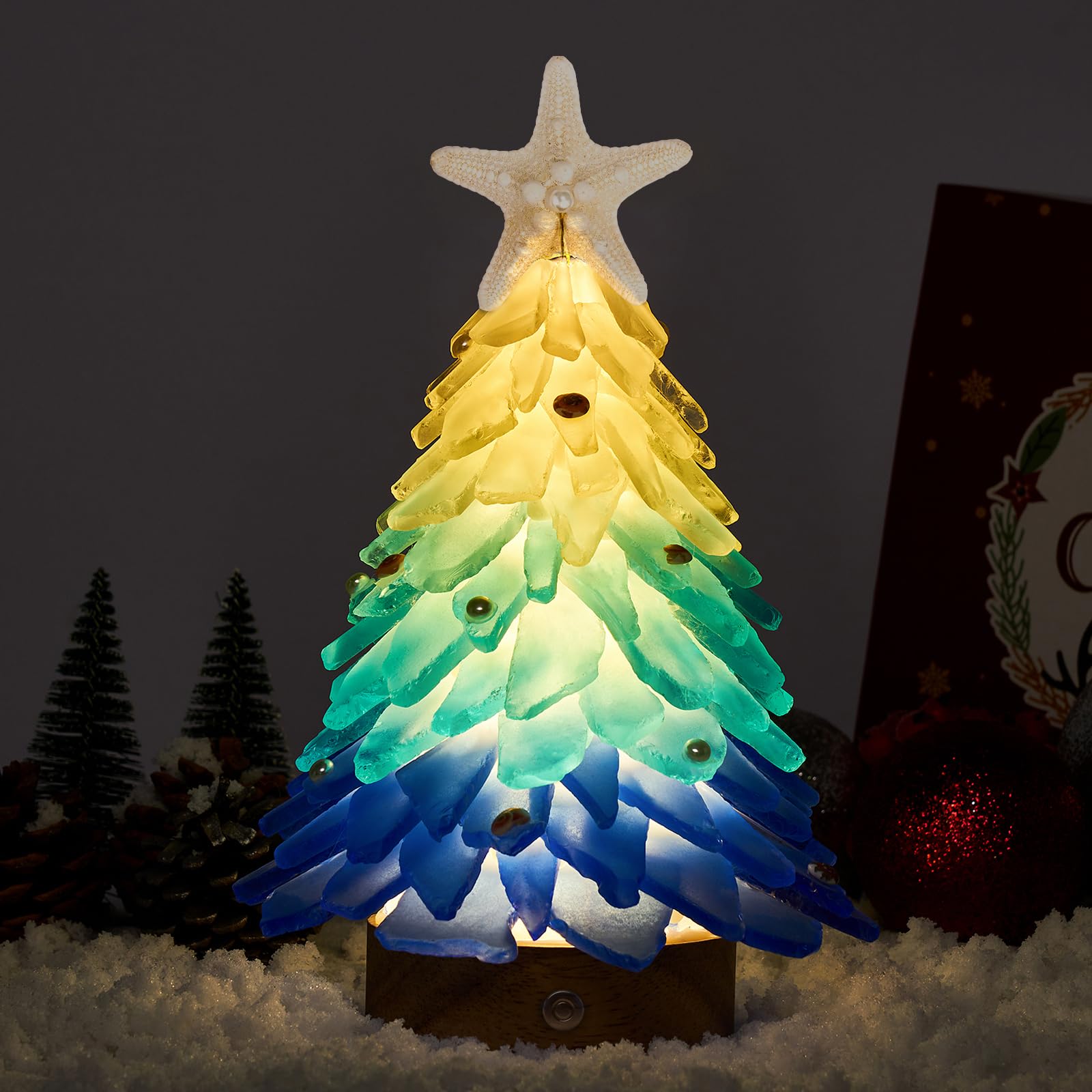WeDoSoy Sea Glass Christmas Tree - Handcrafted Mini Christmas Tree with LED Lights, Blue Gradient Color, Ideal for Christmas, New Year, Coastal Holiday Decor, Versatile Home Decor