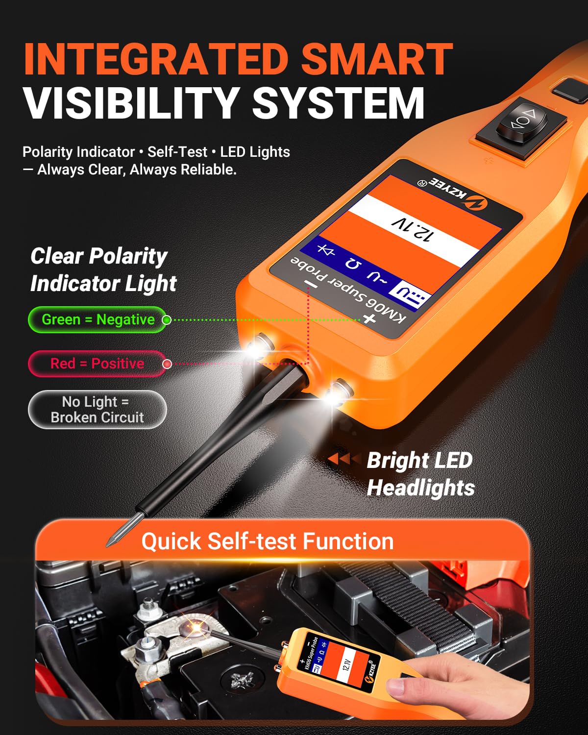 KZYEE KM06 showing its clear polarity indicator light (Green for Negative, Red for Positive, No Light for Broken Circuit) and bright LED headlights.