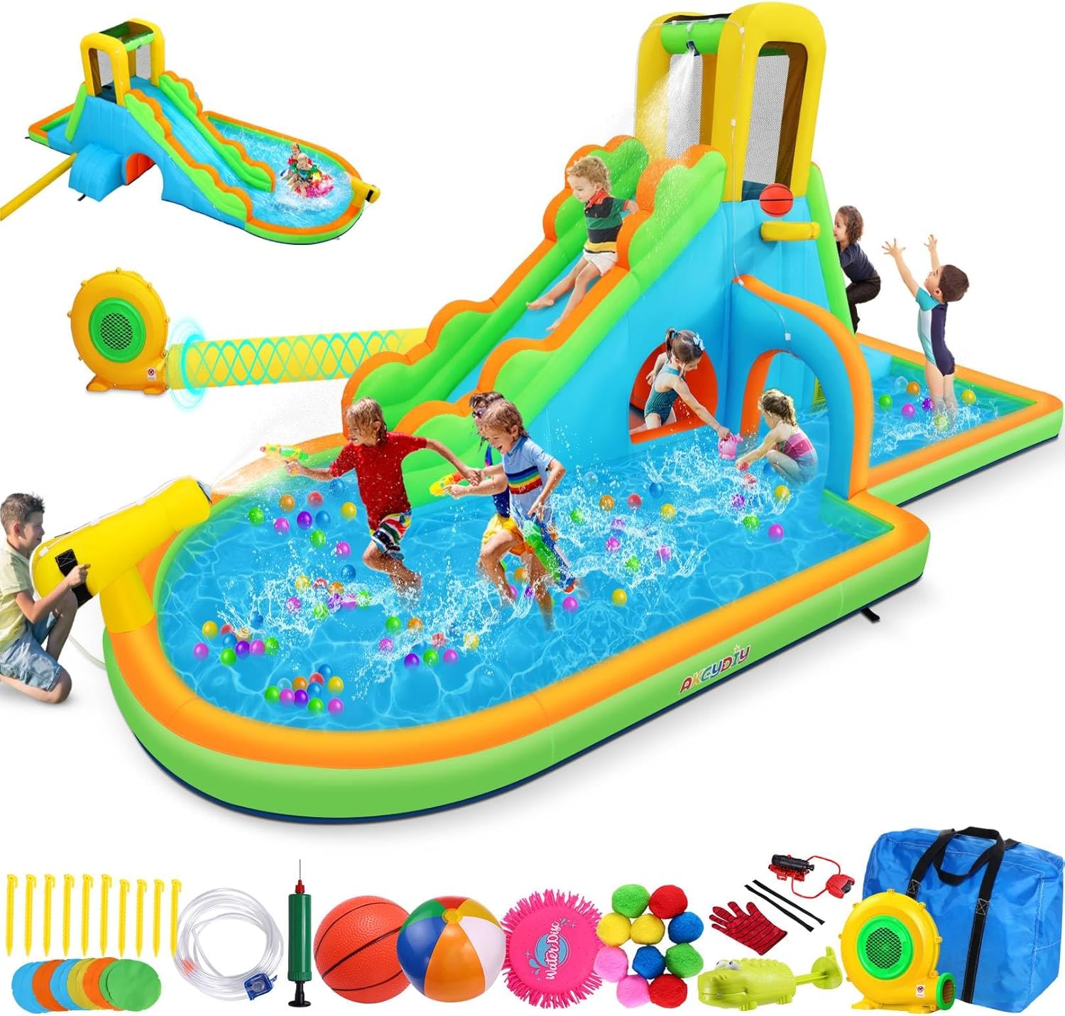 AKEYDIY Water Slide Inflatable Pouring Fun Water Bounce House Park for Kids Backyard Outdoor Fun with Blower, Blow up Water Slide Castle w/Climbing Wall, Long Slide, Pool, Water Gun & Basketball Hoop