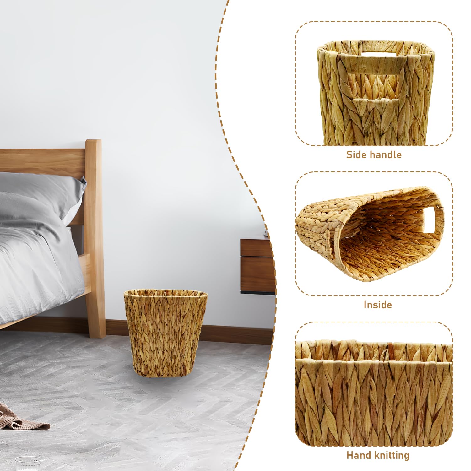 Woven Water Hyacinth Waste Basket - Handwoven Trash Can with Built-in Handles, Garbage Storage Container for Bedroom, Bathroom, Kitchen, Office, Laundry, Utility Room, Oval Magazine Basket