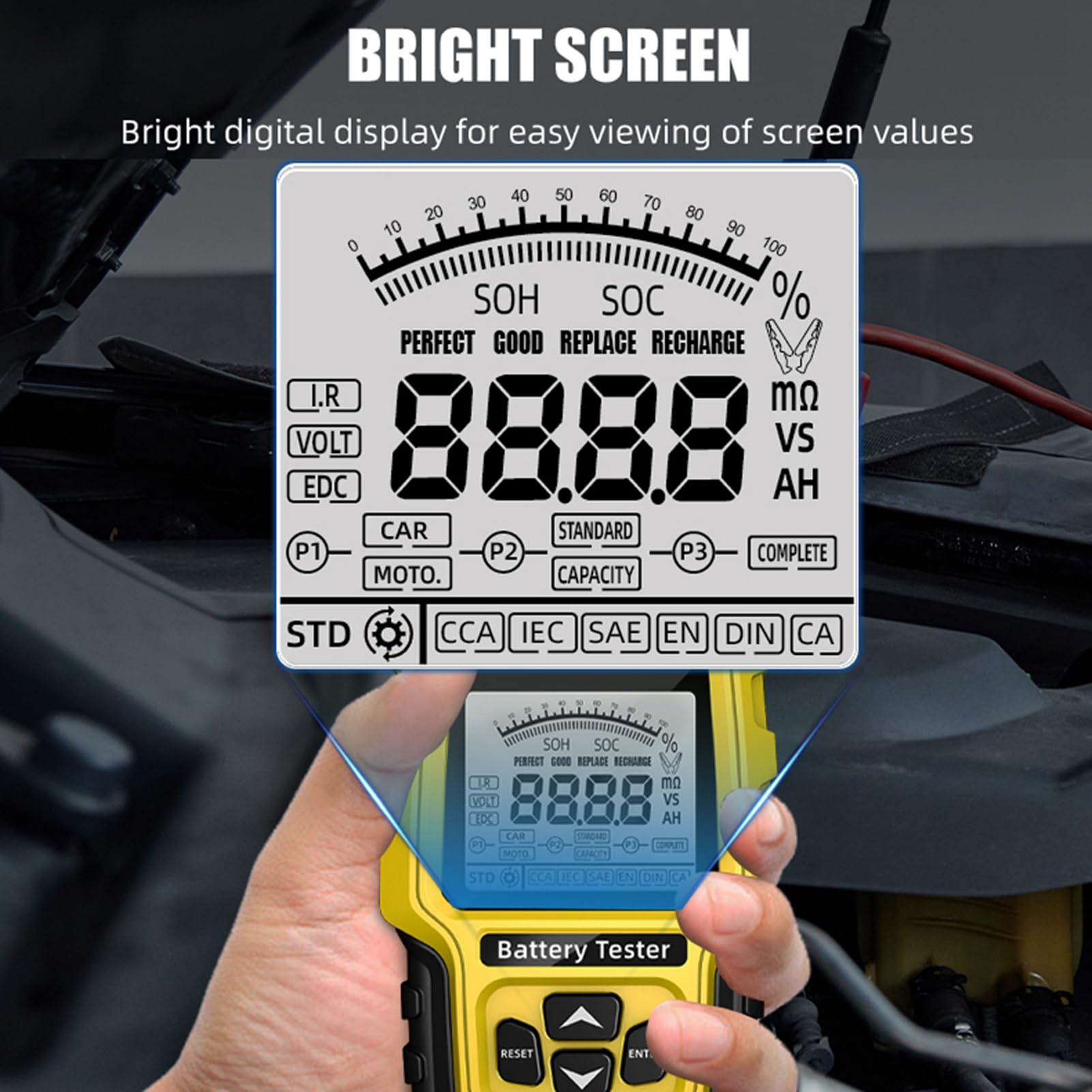Probador de batería de coche portátil, dispositivo de prueba de pantalla Digital de alta precisión de detección, 12V, 24V, para motocicleta y coche (Amarilla)
