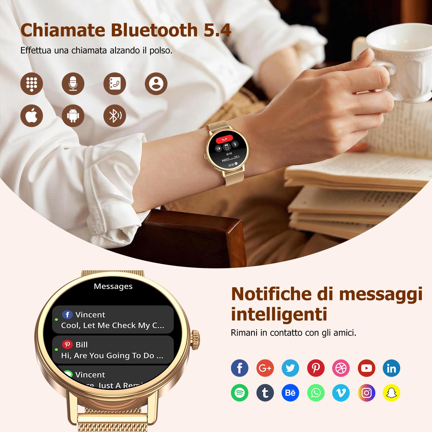 IOWODO Smartwatch Donna Elegante 1.26" con Cinturino Milanese, Ultra Leggero 62g, Chiamate Bluetooth, Salute Femminile, Assistente Vocale AI, IP68, 100+ Modalità Sportive, Compatibile Android e iOS