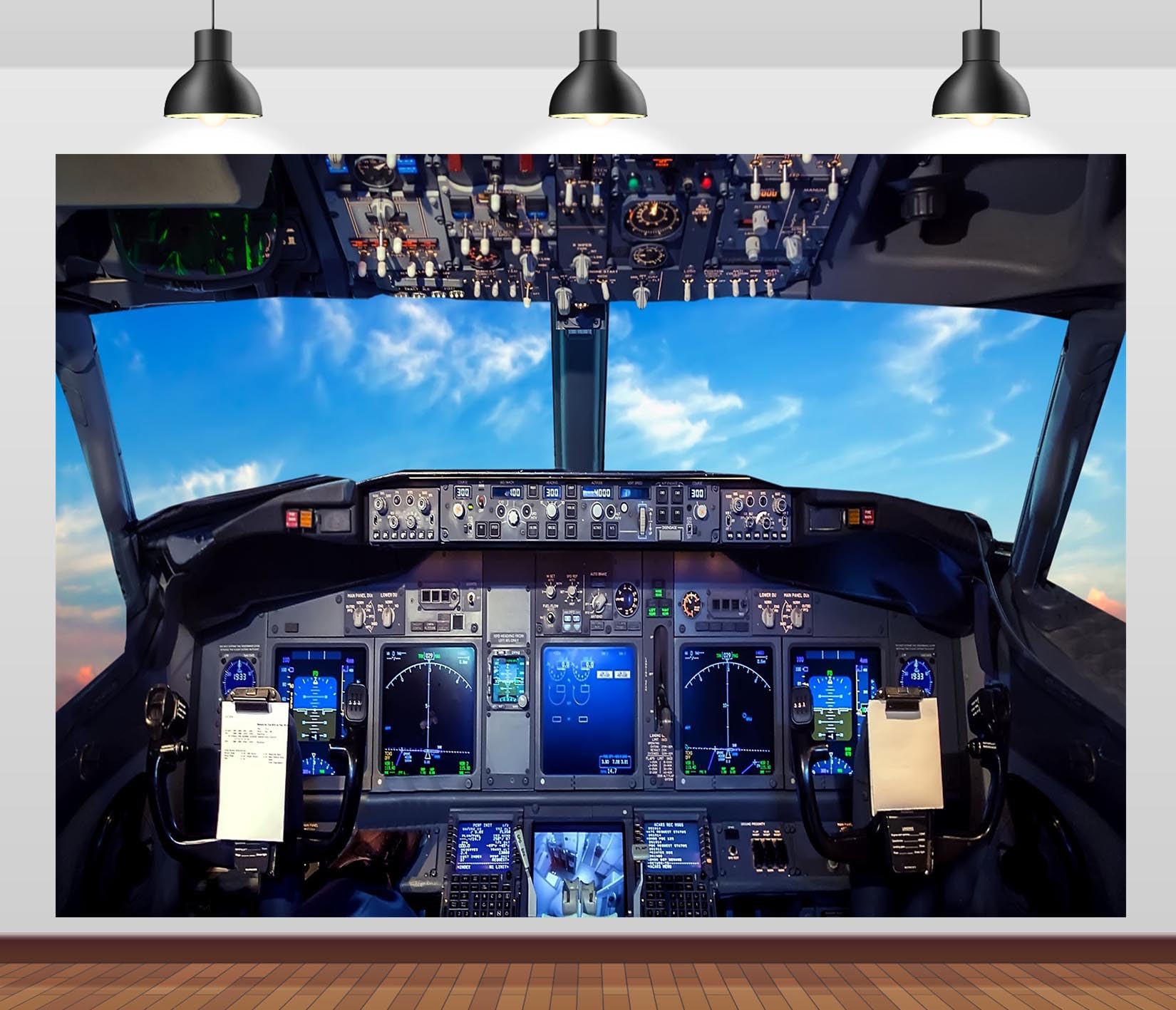 CORFOTO Airplane Cockpit View Backdrop Fabric 7x5ft Jet Aircraft Cruising Passenger Airliner Cabin Background for Boeing Flight Plane Theme Party