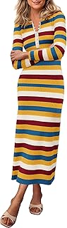 Women's Striped Spring Midi Sweater Dress Fall Long Sleeve Button Up V Neck Knit Bodycon Vacation Party Dresses - Buy now