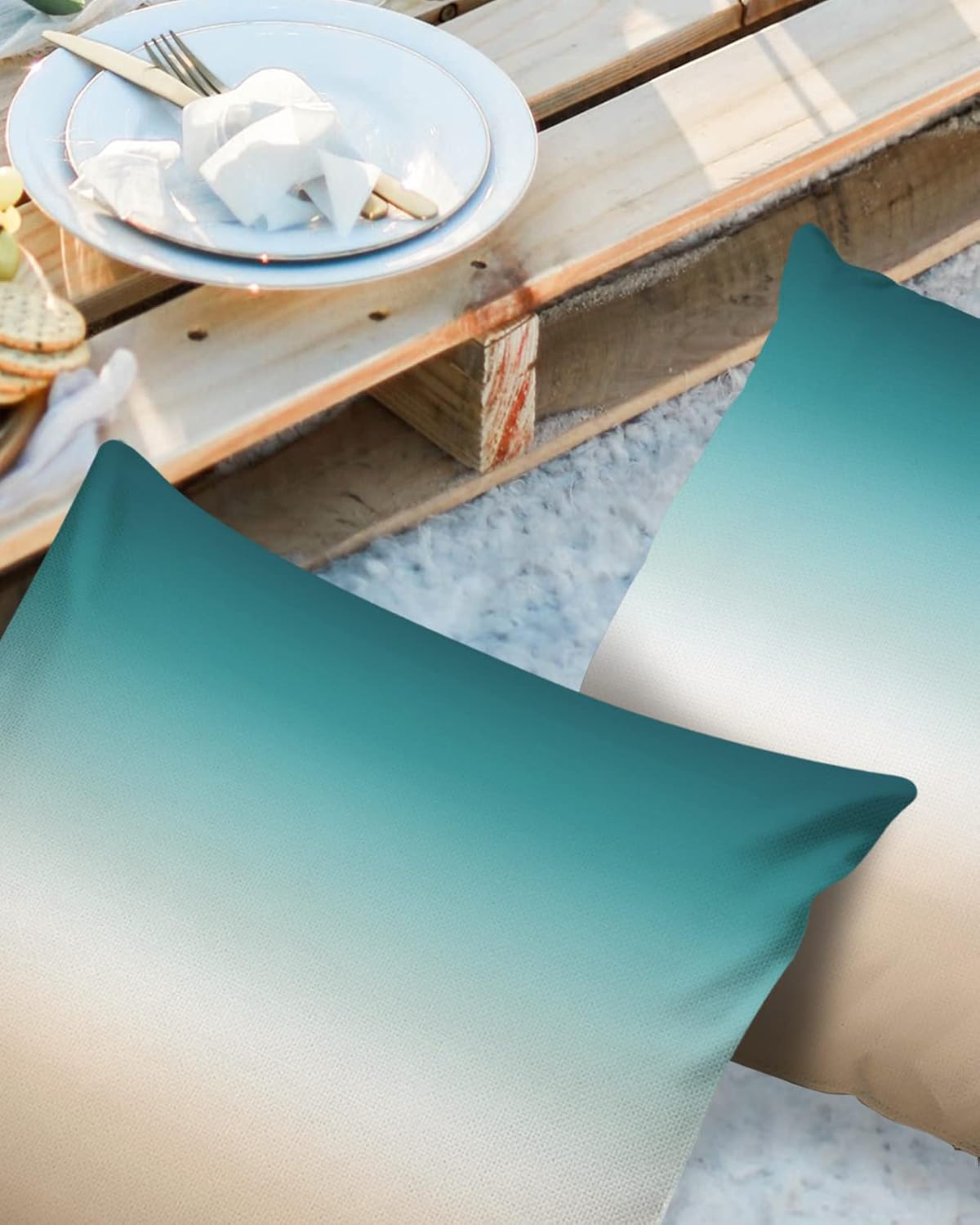 Outdoor Pillow Covers Waterproof Teal Beige Ombre Cream All Weather Cushion Case Set of 2, Modern Turquoise Abstract Art Aesthetics Decorative Pillowcases for Sofa Couch Bed Decor Patio 24"x24"